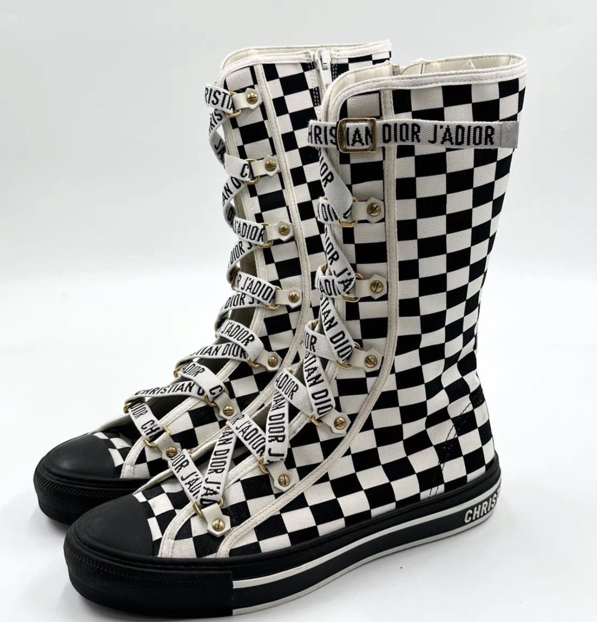 Dior Dior Black White Checkerboard Canvas Mid-Calf Boots K12 Size US 9 / IT 39 - 1 Thumbnail