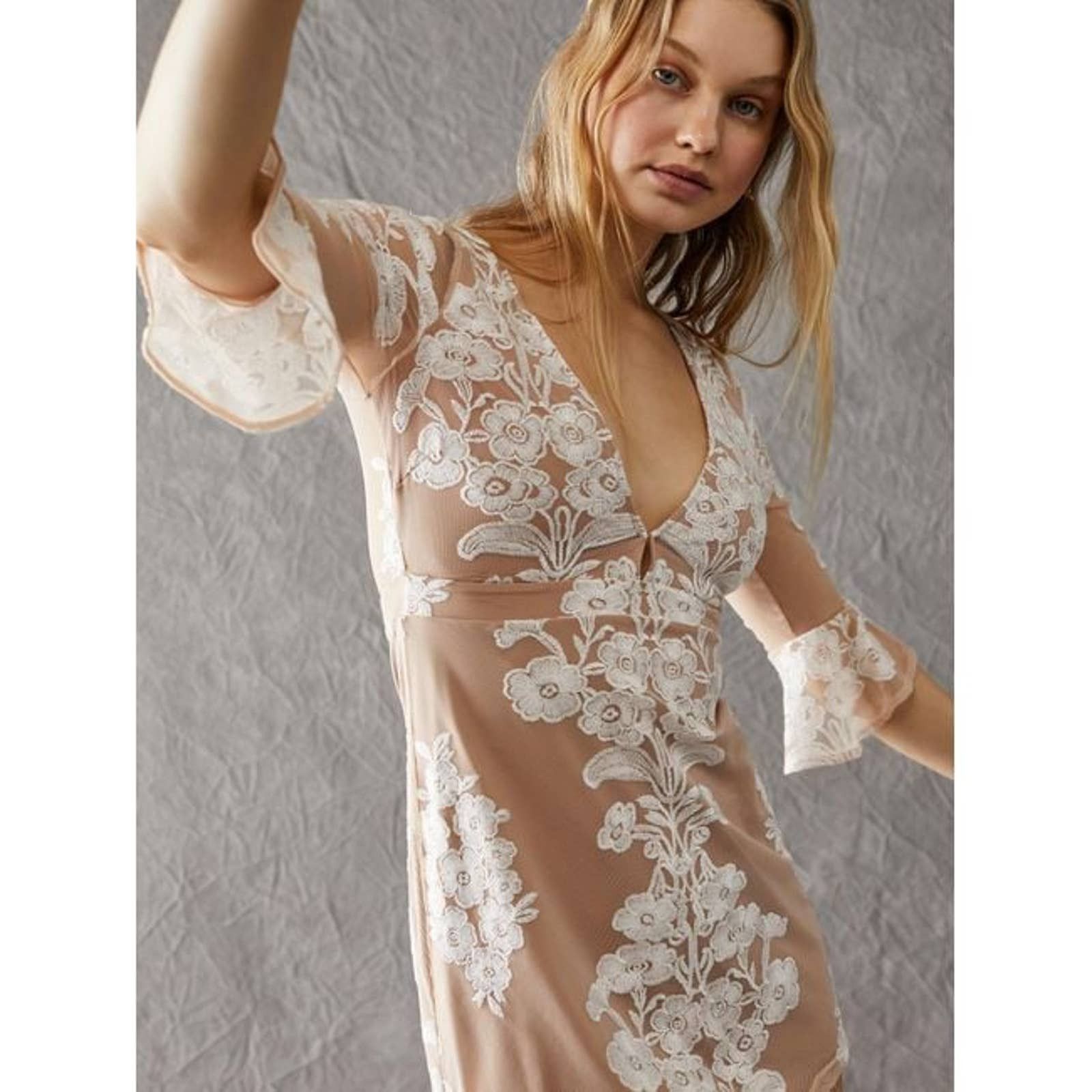 image of New Free People For Love & Lemons Temecula Mini Dress $248 in Cream/Tan, Women's (Size XL)