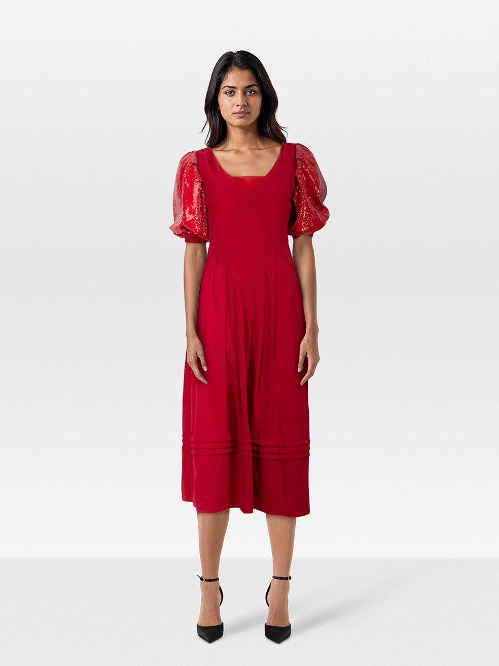 Self-Portrait Red Sequin Puff Sleeve Midi Dress Size M / US 6-8 / IT 42-44 - 1 Thumbnail