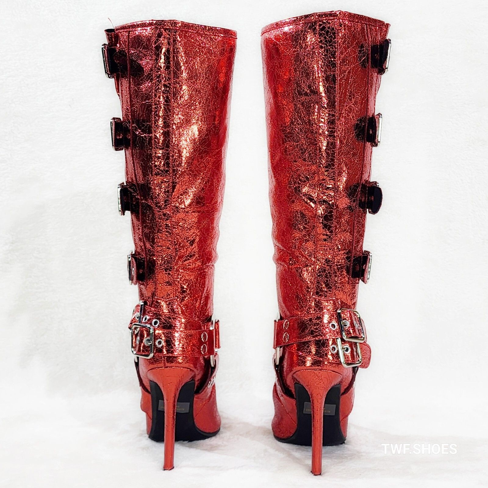 Other Look At Me Red Faux Leather High Heel Harness Knee Boots (US Size US 6 / IT 36 - 3 Thumbnail