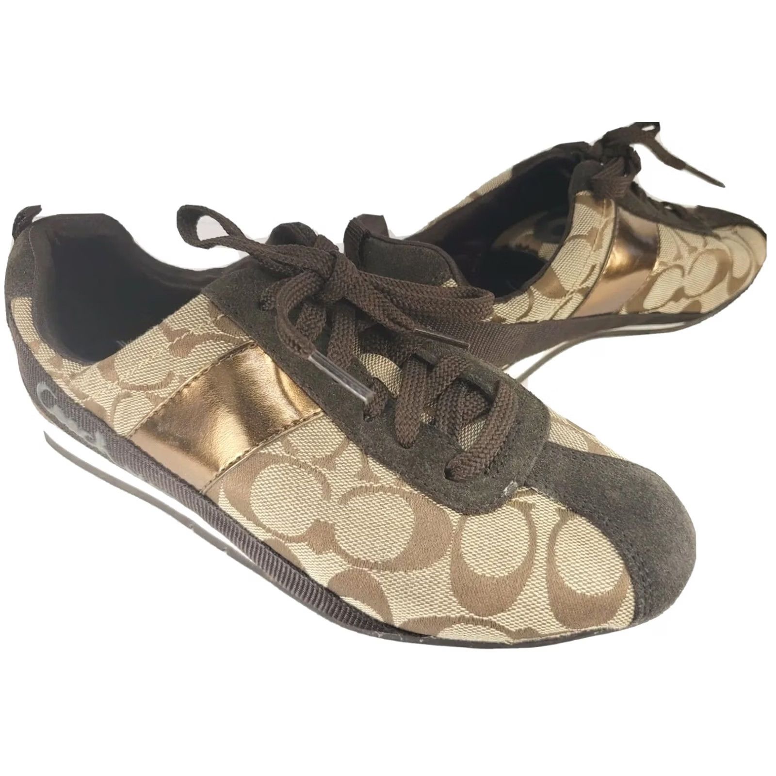 Coach Coach Hadley Sneaker Women’s 6.5M Brown Gold Coach Logo Fabric & Suede Shoe, Athletic, Casual, Low Top, Lace Up, Comfortable, Rubber Outsole, M Width Size US 7 / IT 37 - 2 Thumbnail