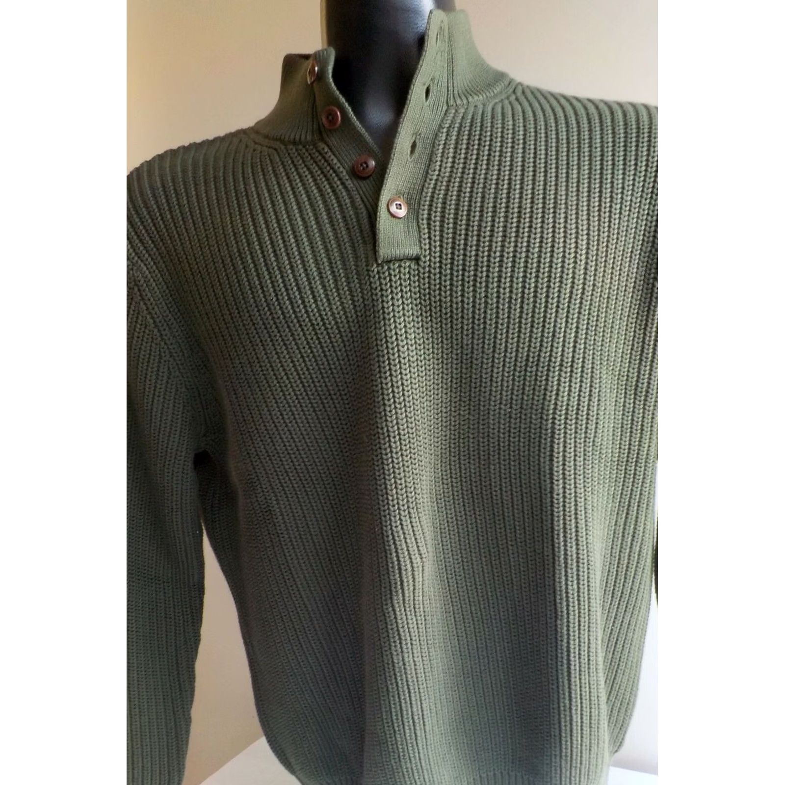 Vintage L.L. Bean Henley Sweater Shirt Knit 100% Cotton Army Green Medium 4 Buttons Mens Size US M / EU 48-50 / 2 - 2 Thumbnail