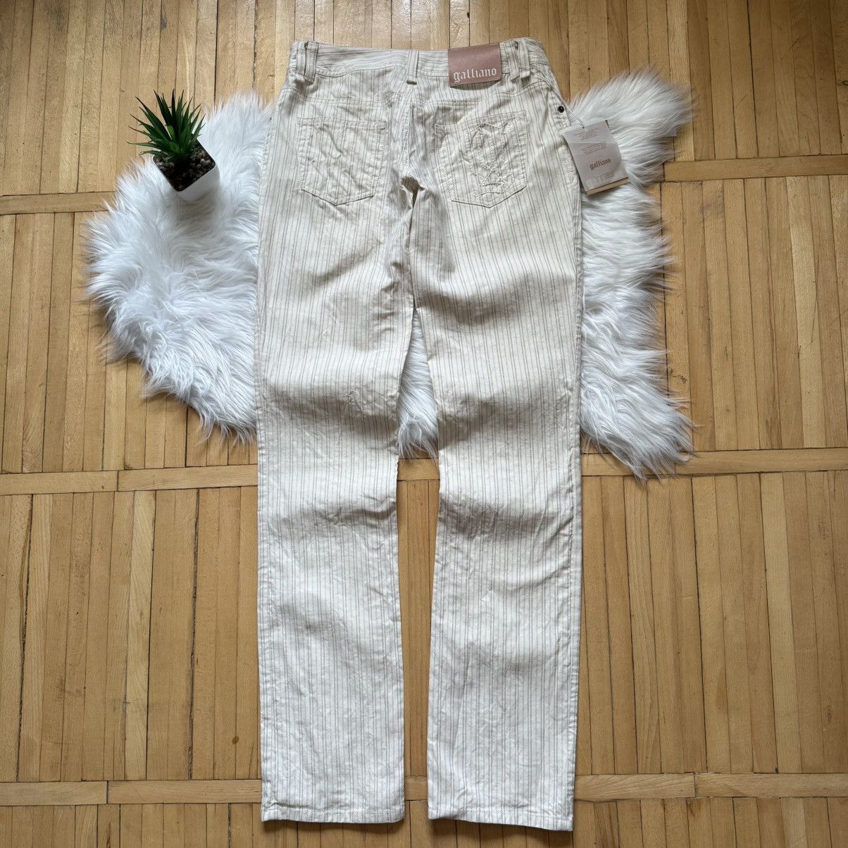 John Galliano 📌 NEW John Galliano Y2K 00s Big Logo Striped Beige Pants Size 29" - 1 Thumbnail