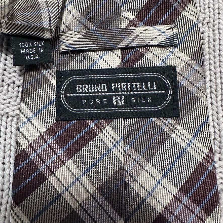 Vintage Vintage Bruno Piattelli brown gray tartan plaid silk tie Size ONE SIZE - 3 Thumbnail
