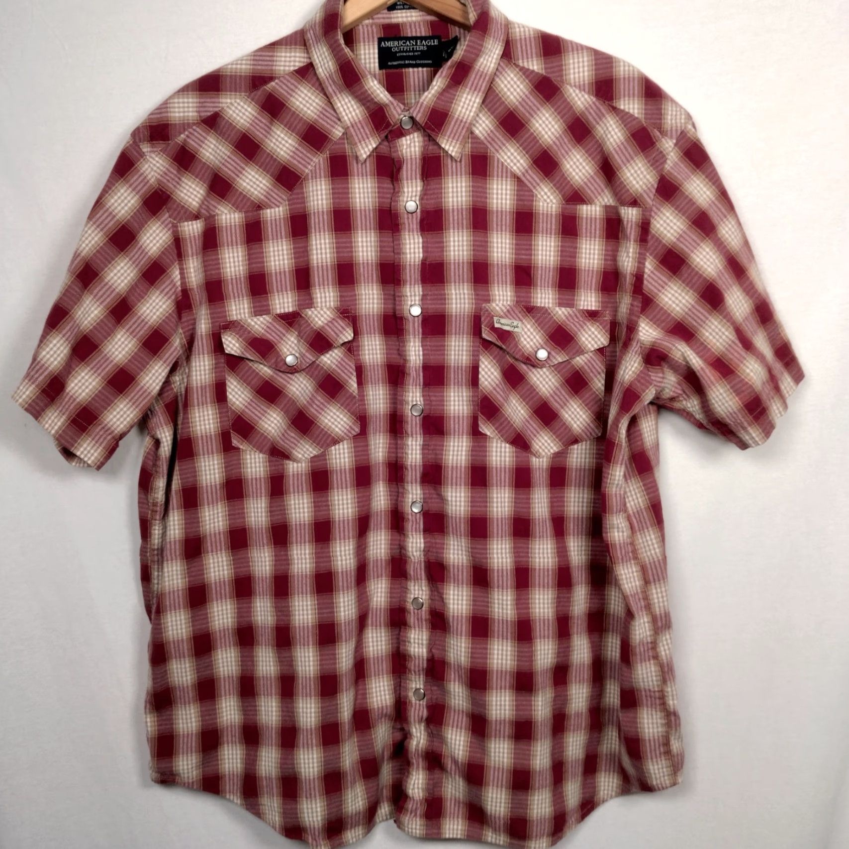 American Eagle Outfitters VINTAGE American Eagle Western Shirt L Men Red Plaid Pearl Snap Short Sleeve Cowboy Rodeo Western Wear Ranchwear—Spread Collar, Button-Up, Cotton Size US L / EU 52-54 / 3 - 2 Thumbnail