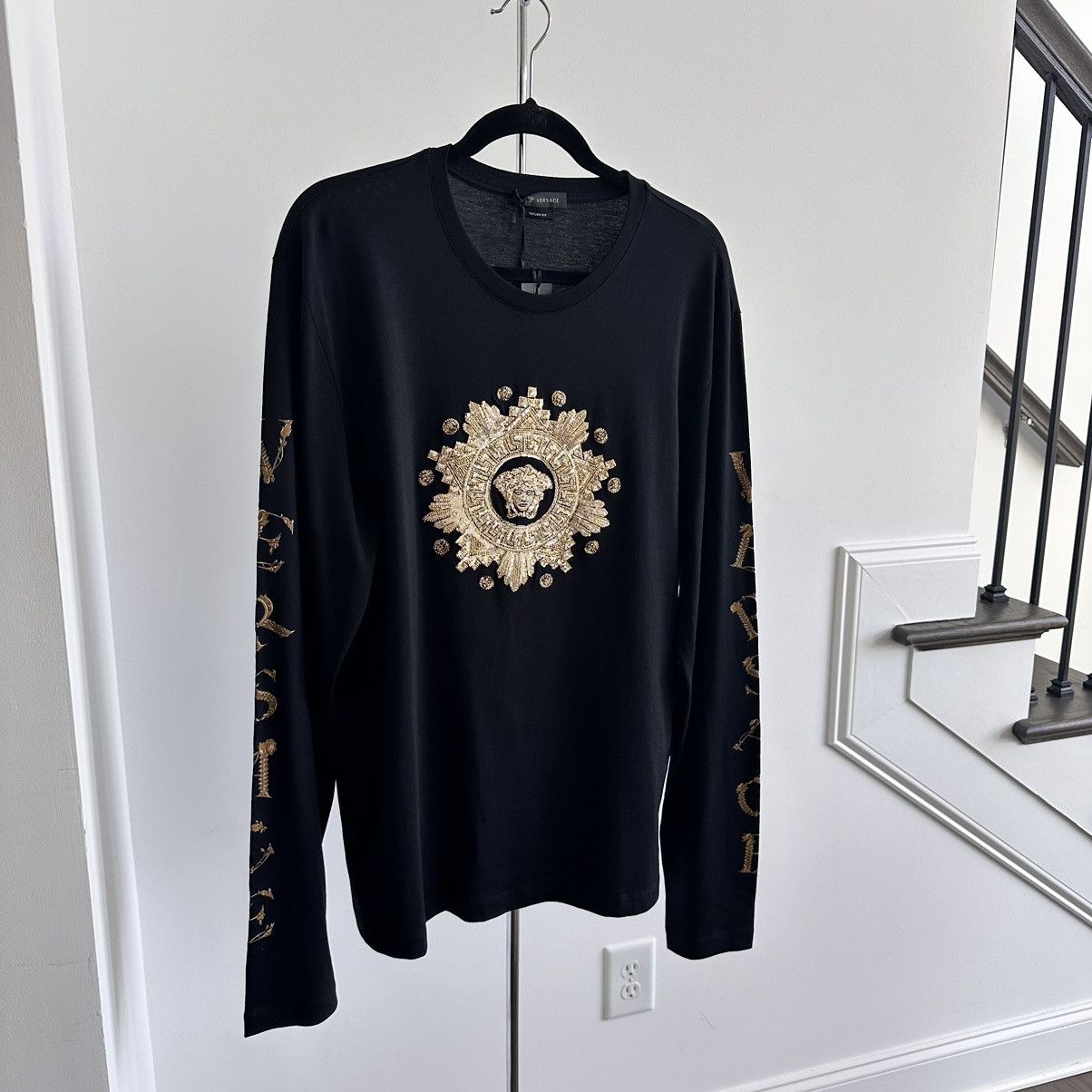 Image of Versace Gold Embroidered Medusa Head Long Sleeve Tee in Black, Men's (Size XL)