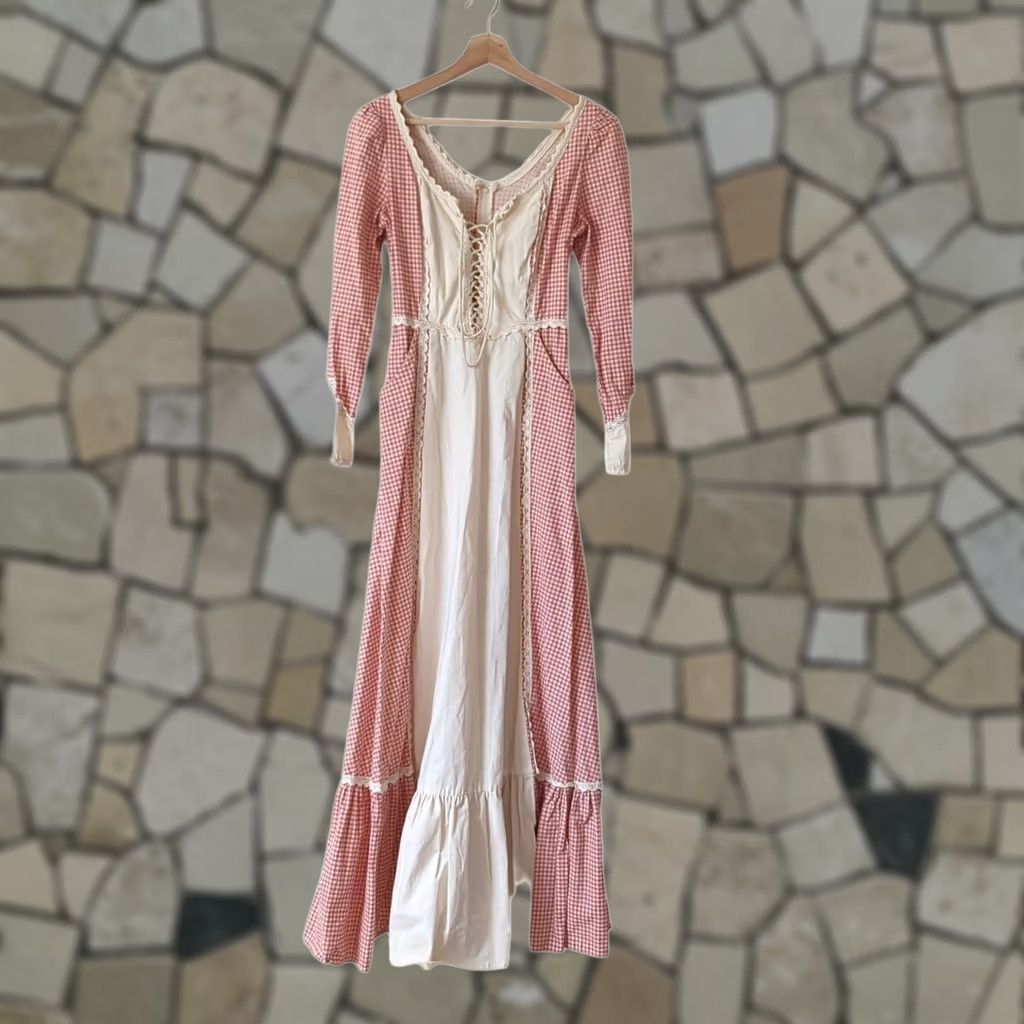 Vintage VINTAGE Gunne Sax Dress Womens S Long Pink Checkered Corset Prairie 70s Cottagecore Maxi Size S / US 4 / IT 40 - 1 Thumbnail