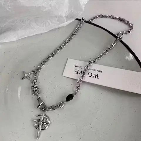 Jewelry Cross Chrome Crescent Moon Chain Silver Goth Vibe Necklace Size ONE SIZE - 4 Thumbnail