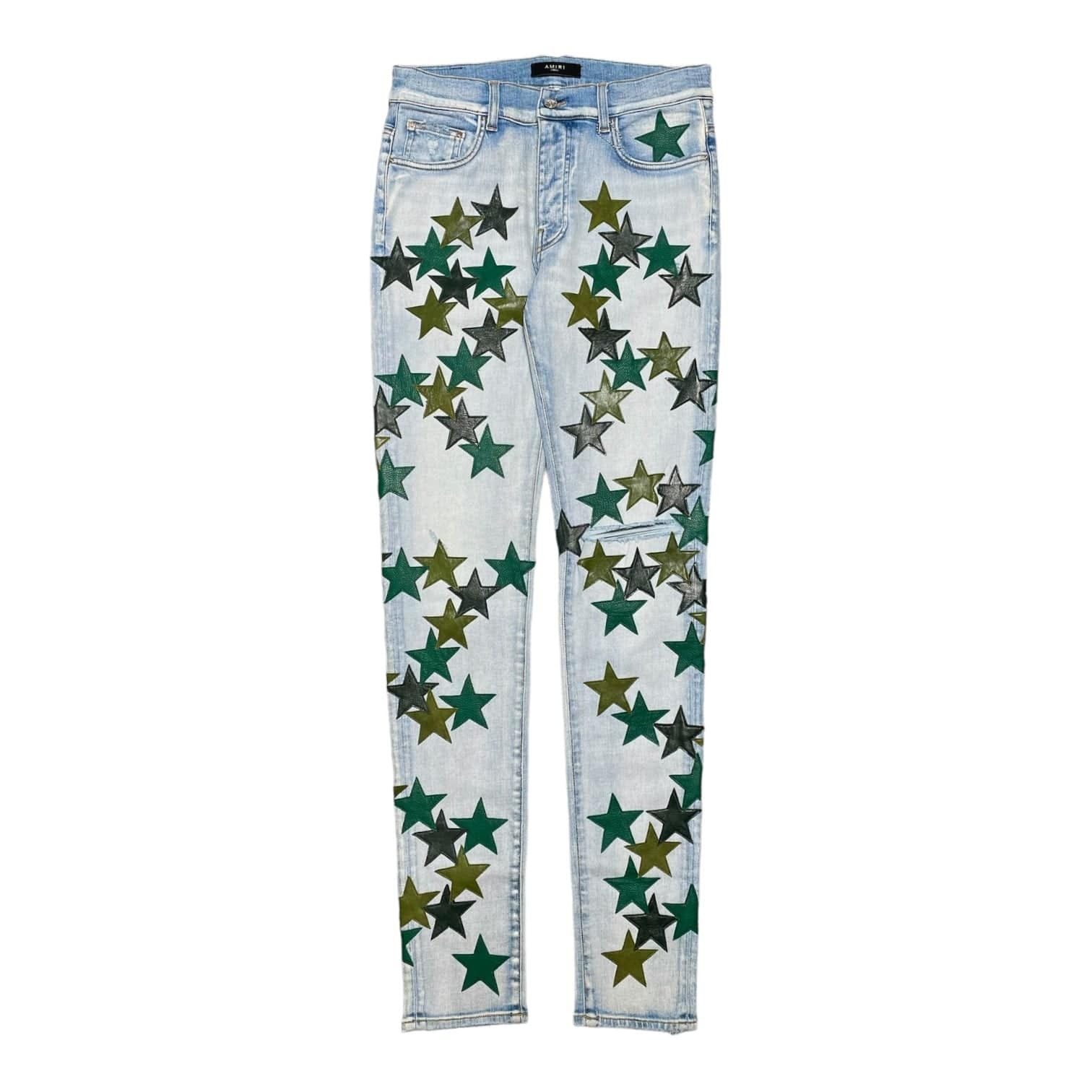 Amiri Amiri x Chemist Green Leather Star Patch Jeans Light Indigo Size US 32 / EU 48 - 1 Thumbnail