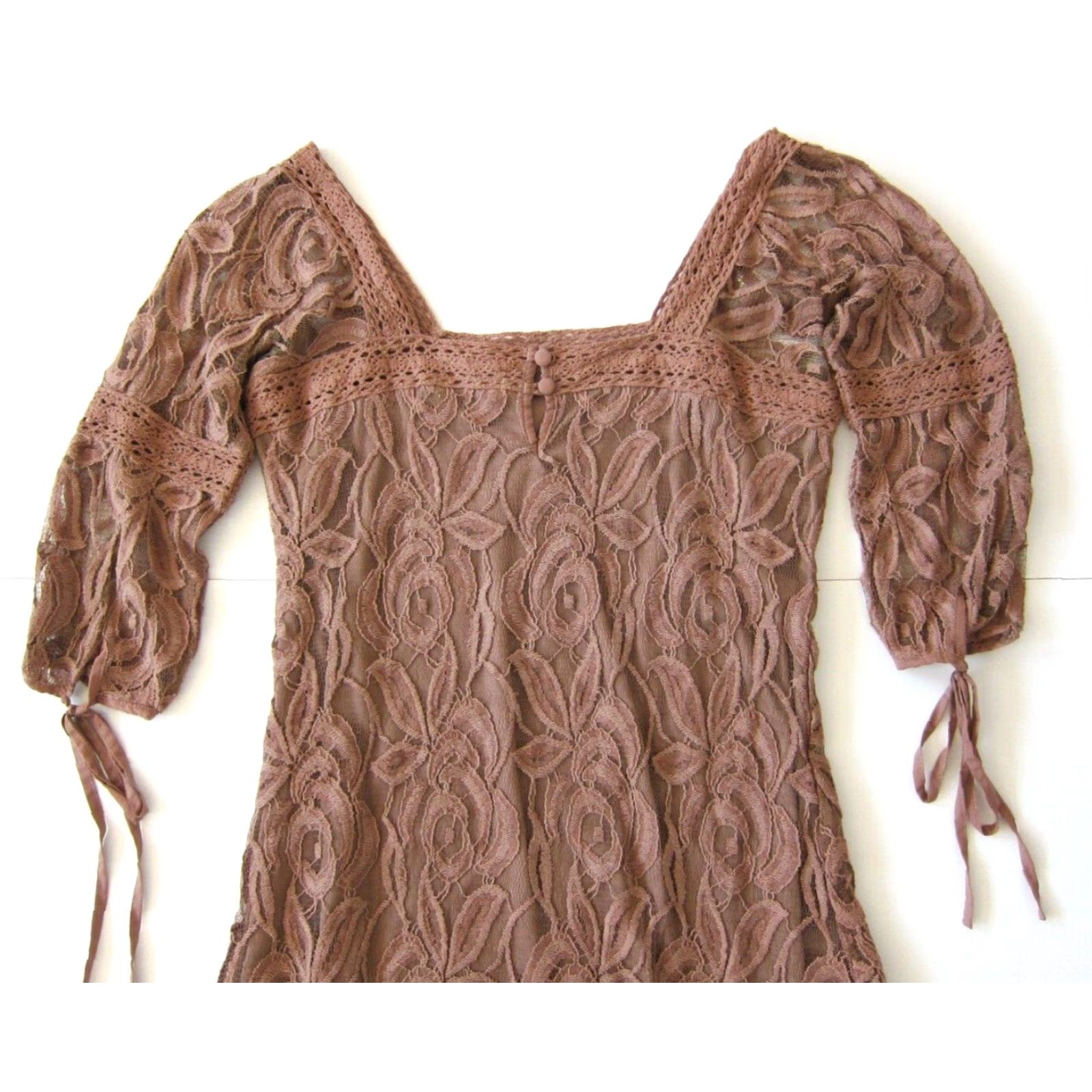 Vintage Solitaire Ravi Khosla Brown Crochet Lace Square Neck 3/4 Sleeve Tunic Dress M Size M / US 6-8 / IT 42-44 - 6 Thumbnail