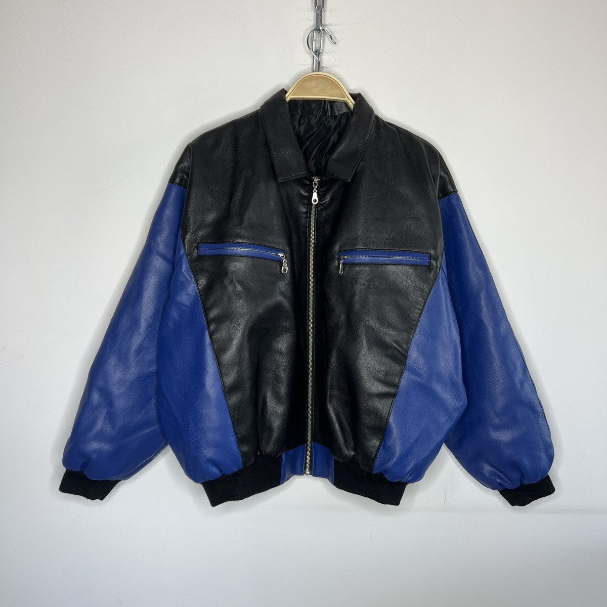 Japanese Brand 90s Boxy Leather Varsity Jacket Bomber Boxy Black Navy Size US M / EU 48-50 / 2 - 2 Thumbnail