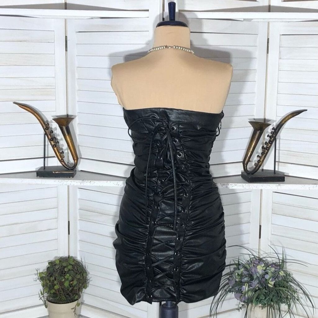 Forever 21 Lace-Up Tube Mini Dress Corset Strapless Leather Black sz S Size S / US 4 / IT 40 - 9 Thumbnail