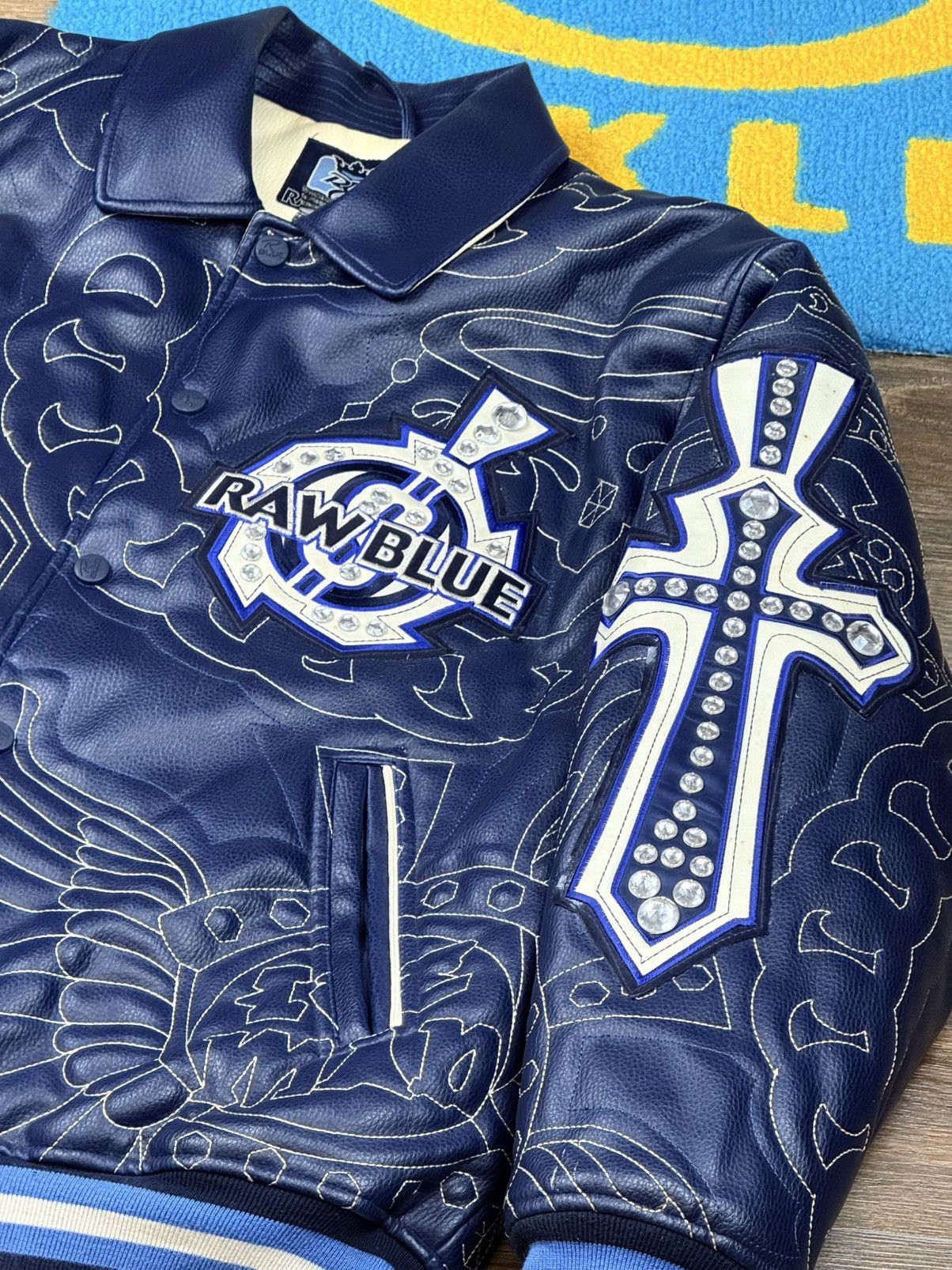 JNCO Raw Blue Ice Man Leather Varsity Jacket Size L Size US L / EU 52-54 / 3 - 4 Thumbnail