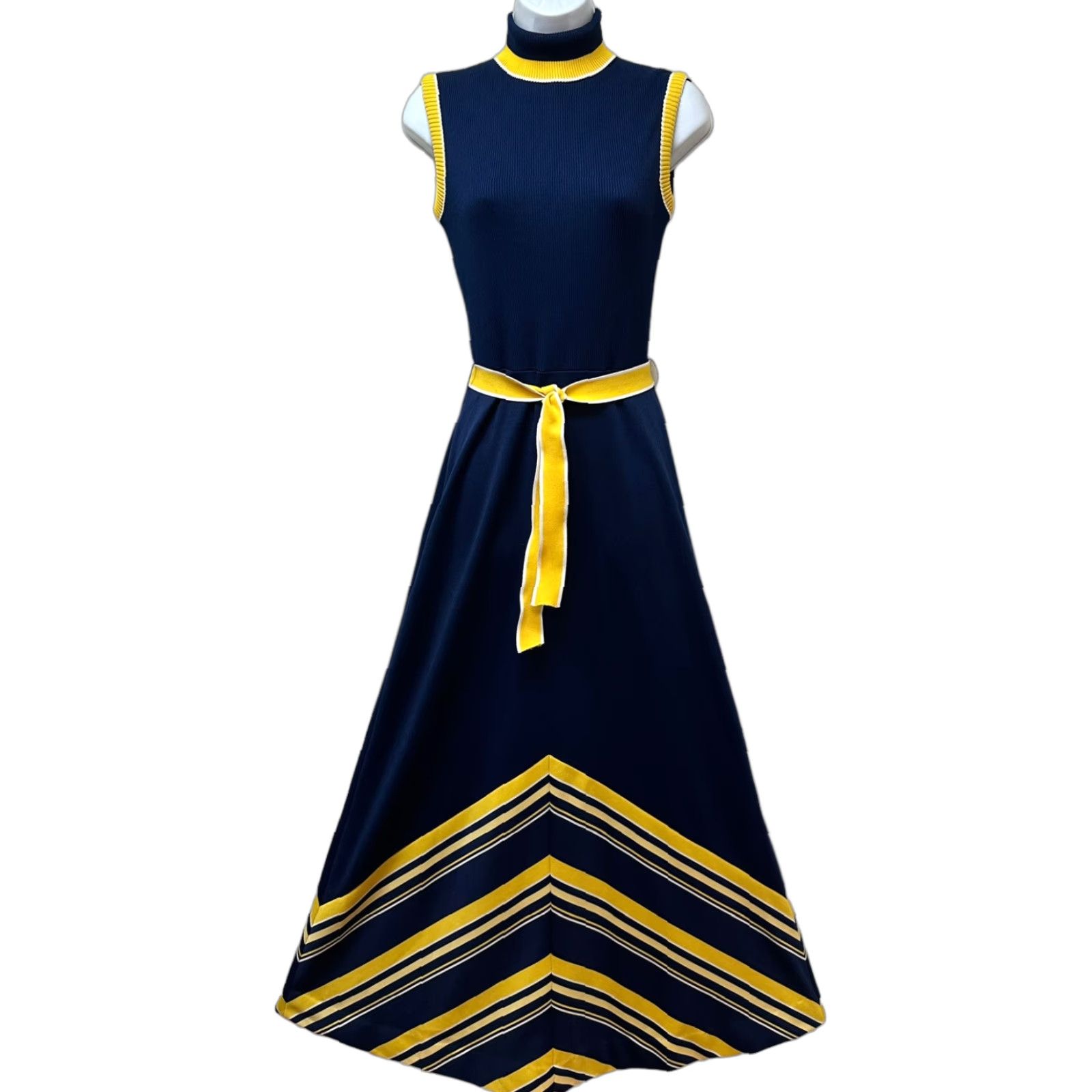 VINTAGE Maxi Dress Sleeveless Turtleneck Blue Yellow Chevron Striped Knit Belted Adult Women Casual Party/Cocktail
