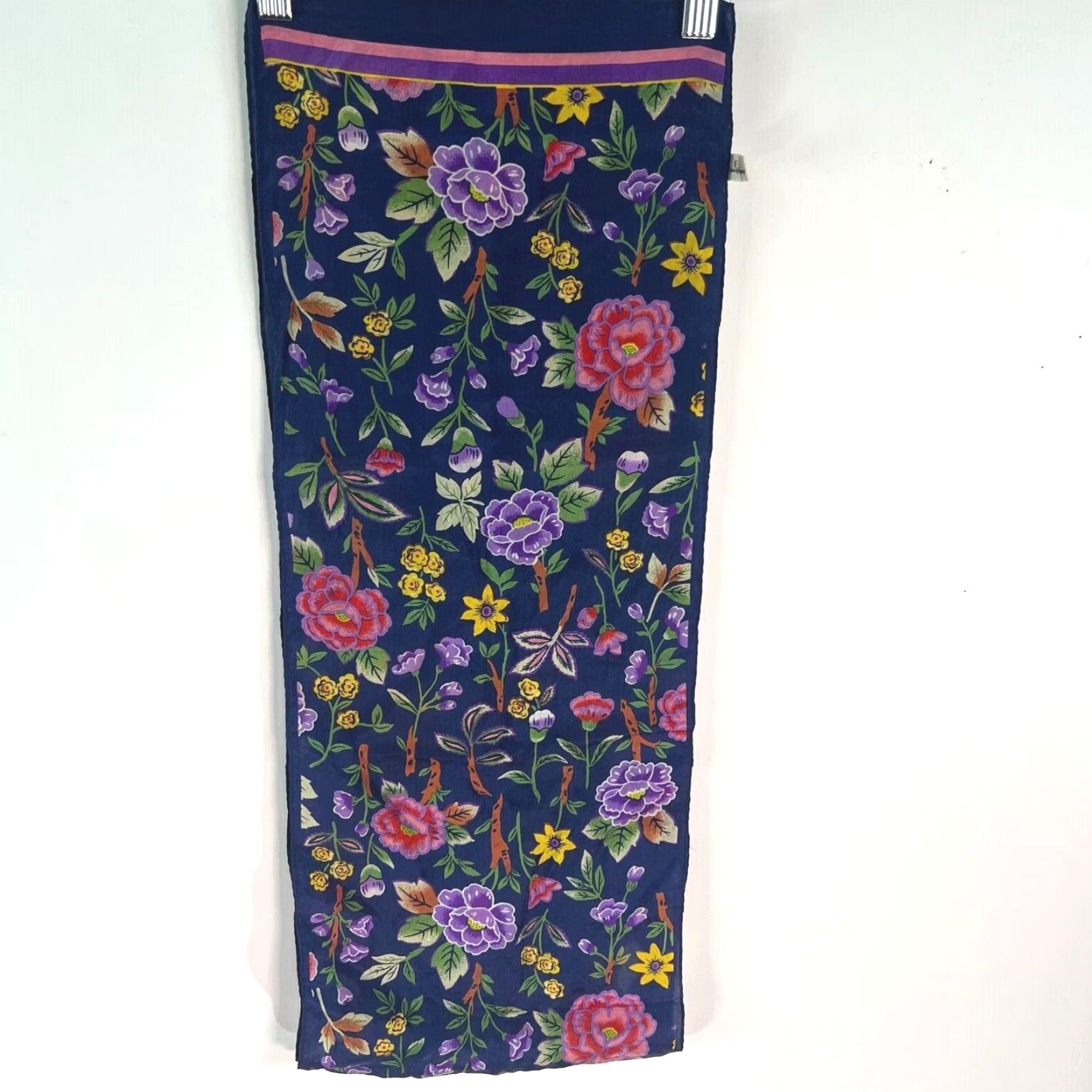 Vintage VINTAGE Cisco Women’s Blue Floral Silk Scarf Rectangle 9x50 Inch Japan Chiffon Classic Size ONE SIZE - 4 Thumbnail