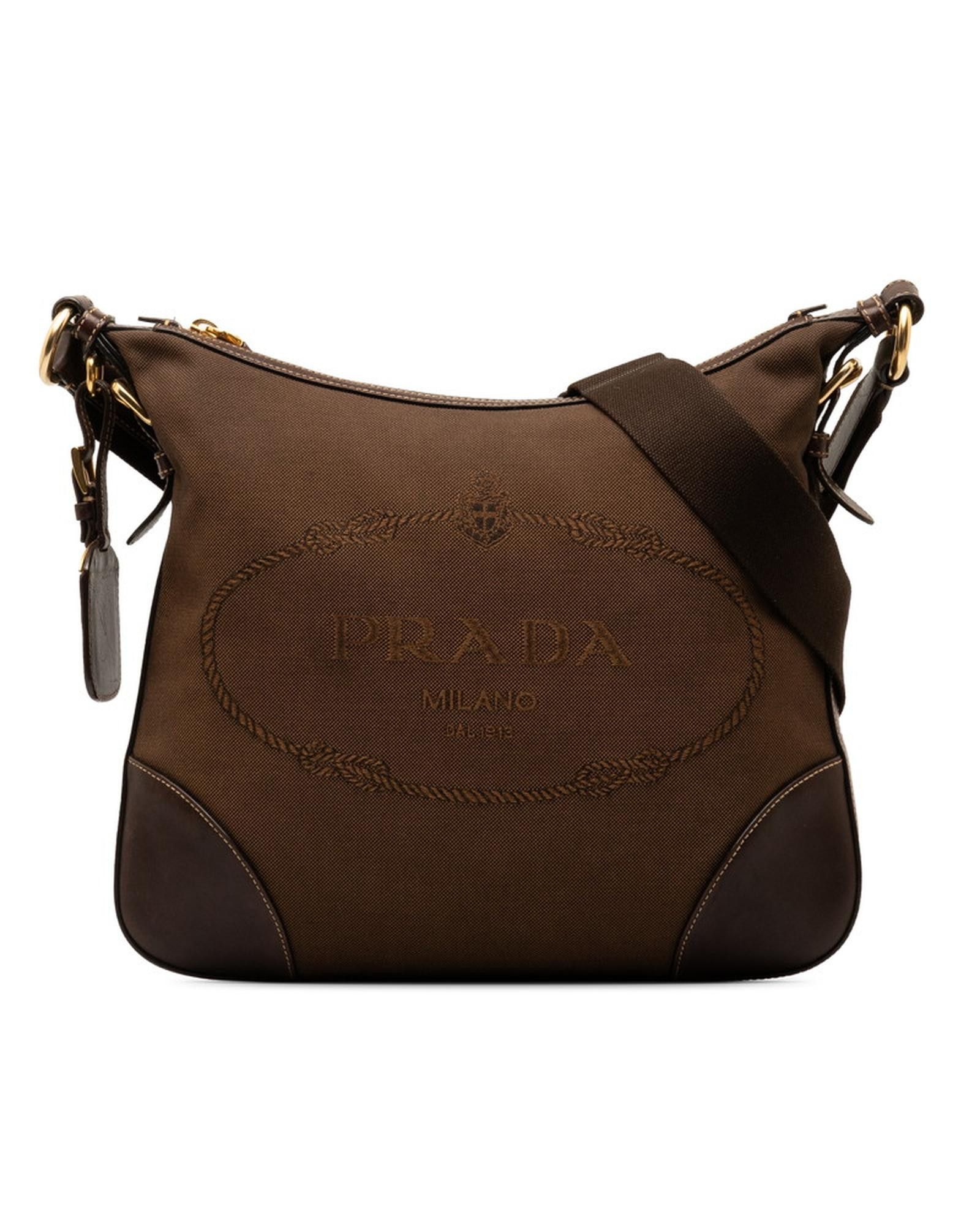 image of Prada Logo Print Crossbody Bag In Brown Canapa Fabric, Women's