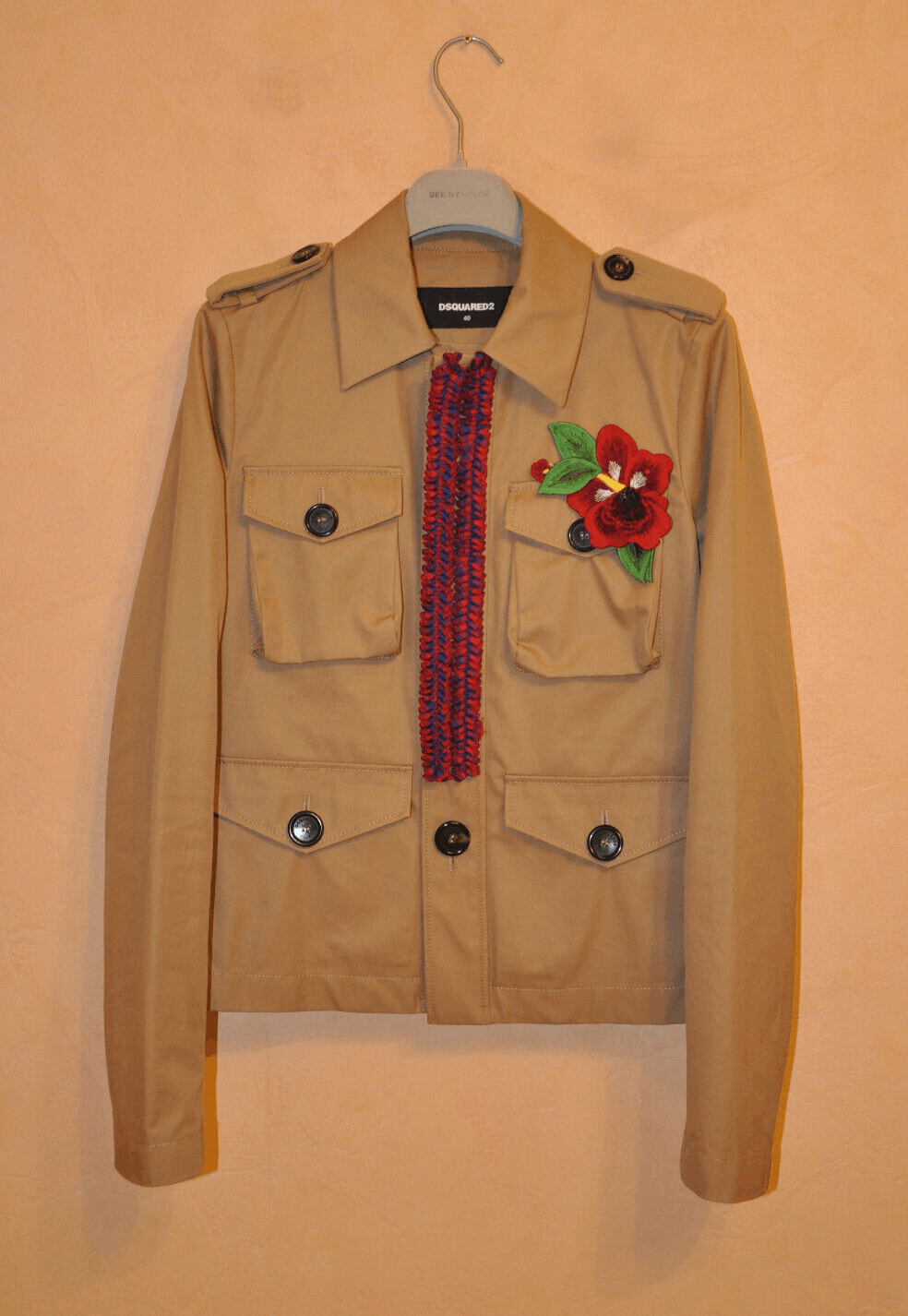 image of Dsquared2 Floral Utility Cotton Jacket Coat Made In Italy in Beige, Women's (Size Small)