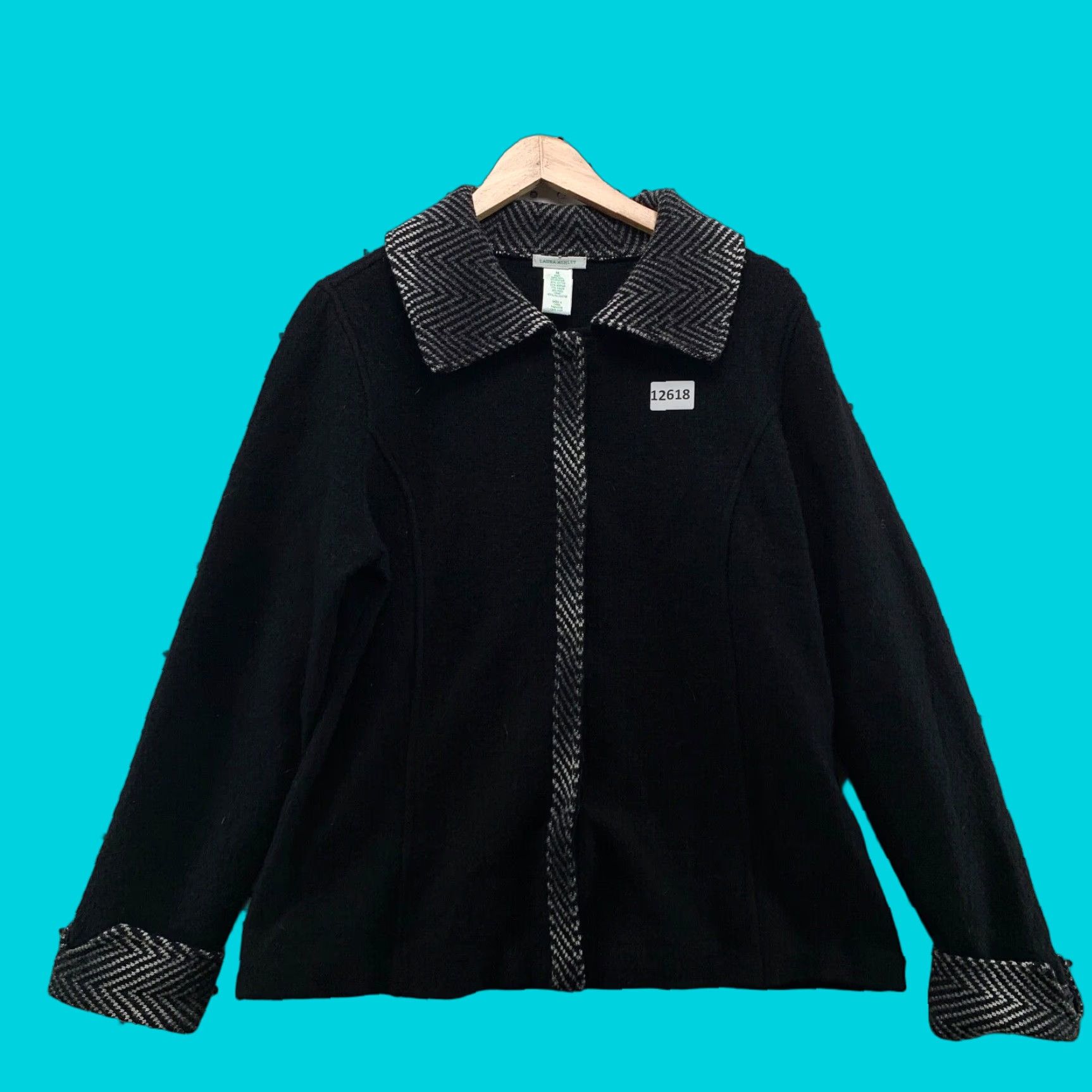 Laura Ashley VINTAGE Laura Ashley Sweater Medium 100% Wool Black Collared Full Zip Cardigan 80s, 90s Womens Size M / US 6-8 / IT 42-44 - 1 Thumbnail