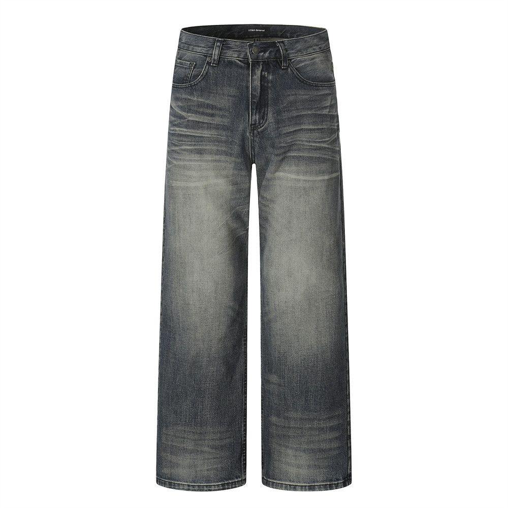 Men's casual punk retro washed distressed straight jeans