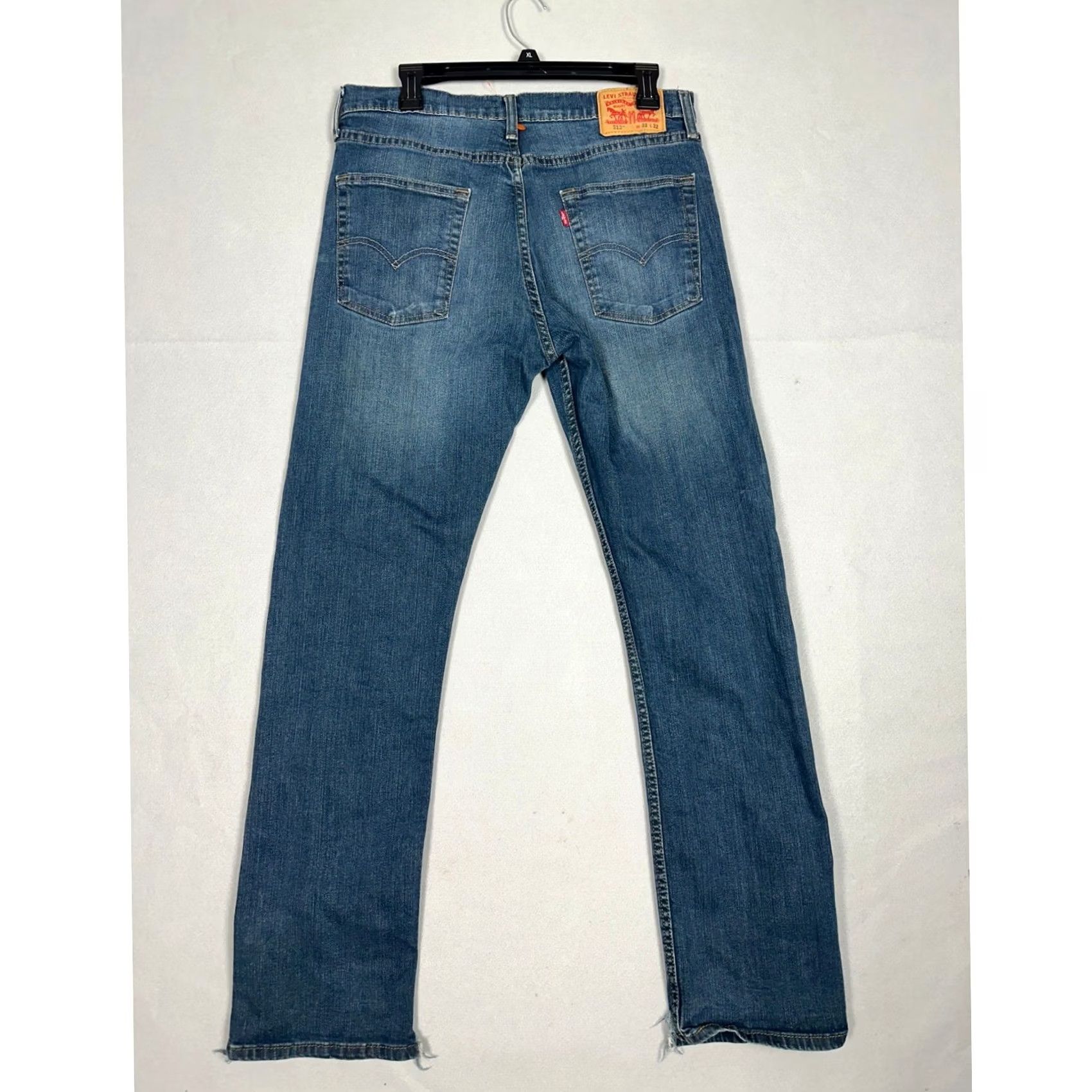 Levi's Levis 513 Slim Straight Jeans Mens 33x32 Medium Wash Blue Raw Hem Split Hem Distressed Pocket Five-Pocket Slip Zip Button Size US 33 - 2 Thumbnail