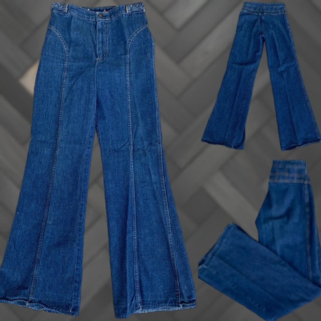 Bell VINTAGE Bell Bottoms Jeans 70s 1970s Talon 42 zipper 28L 26 Waist Blue Denim Hipppy Bell Bottoms Mens Womens Size 28" / US 6 / IT 42 - 1 Thumbnail