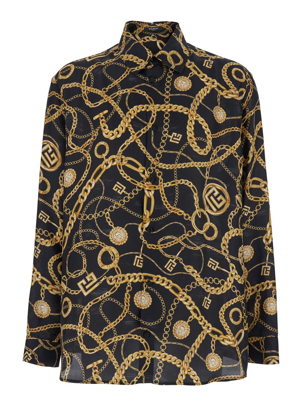 Balmain Black Shirt With Pointed Collar and Chain Print With Logo in Silk Man Size US L / EU 52-54 / 3 - 1 Thumbnail