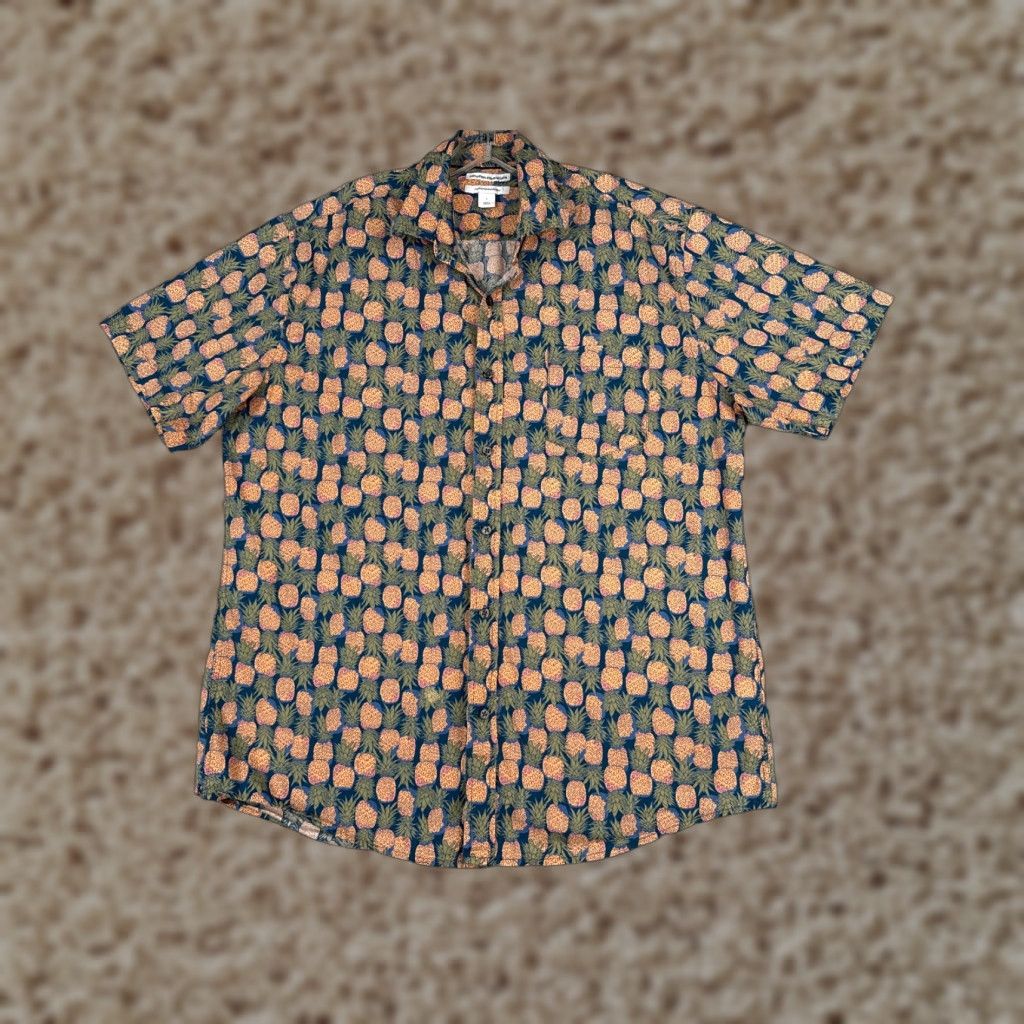 Essentials Amazon Essentials Shirt Men Large Blue Pineapple Print Cotton Short Sleeve Button-Up Hawaiian Luau Aloha Resort Vacation Mens Size US L / EU 52-54 / 3 - 1 Thumbnail