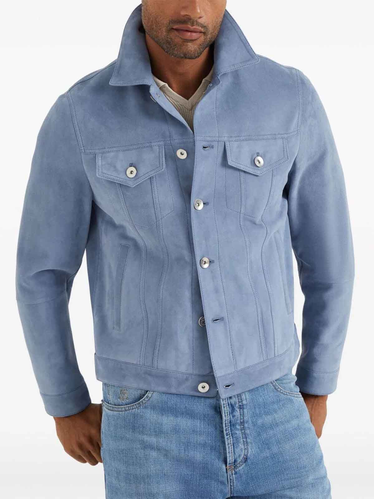 Brunello Cucinelli Leather Jacket in Light Blue Size US L / EU 52-54 / 3 - 1 Thumbnail