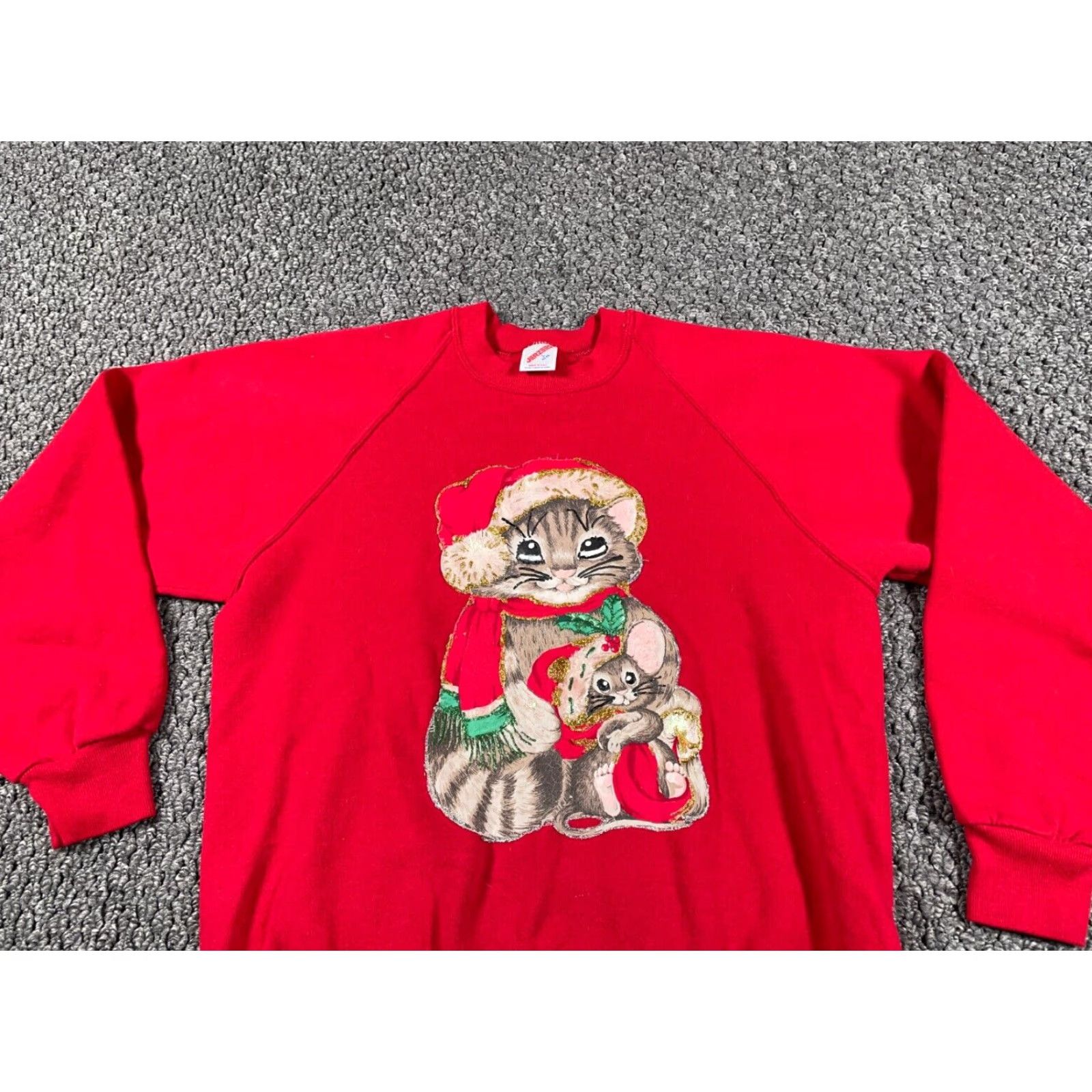Jerzees VINTAGE Jerzees Sweatshirt 90s Christmas Kittens Raglan Sleeve Red Crew Neck Pullover Adult L Cat Womens Holiday Warm Sweatshirt Size L / US 10 / IT 46 - 4 Thumbnail