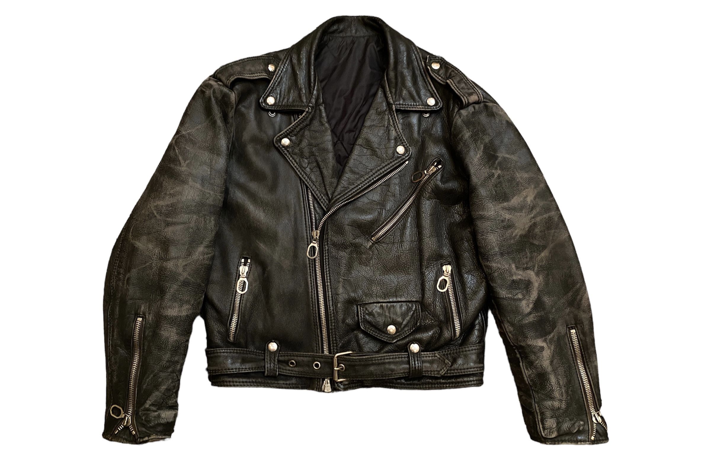 image of Genuine Leather x Leather Jacket Vintage 80's Distressed Motorcycle Leather Biker Jacket in Black D
