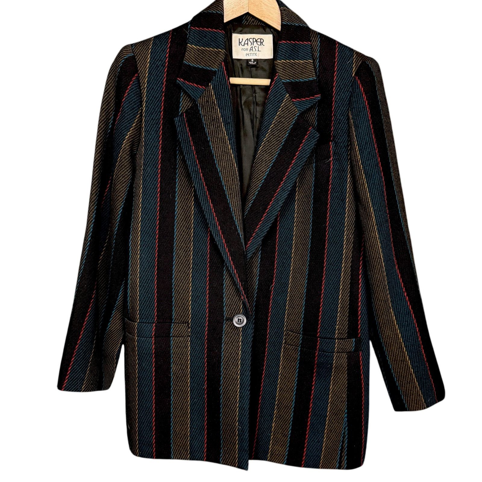 Kasper Vintage Kasper ASL Size 4P Green Black Striped Wool Blazer Size S / US 4 / IT 40 - 2 Thumbnail