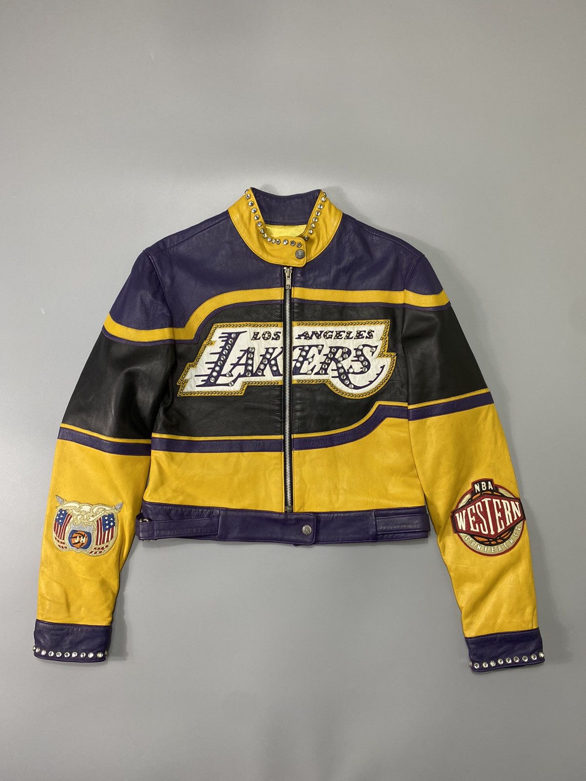 image of Jeff Hamilton x L A Lakers Vintage La Lakers Western Conference Studded Leather Jacket in Purple Go