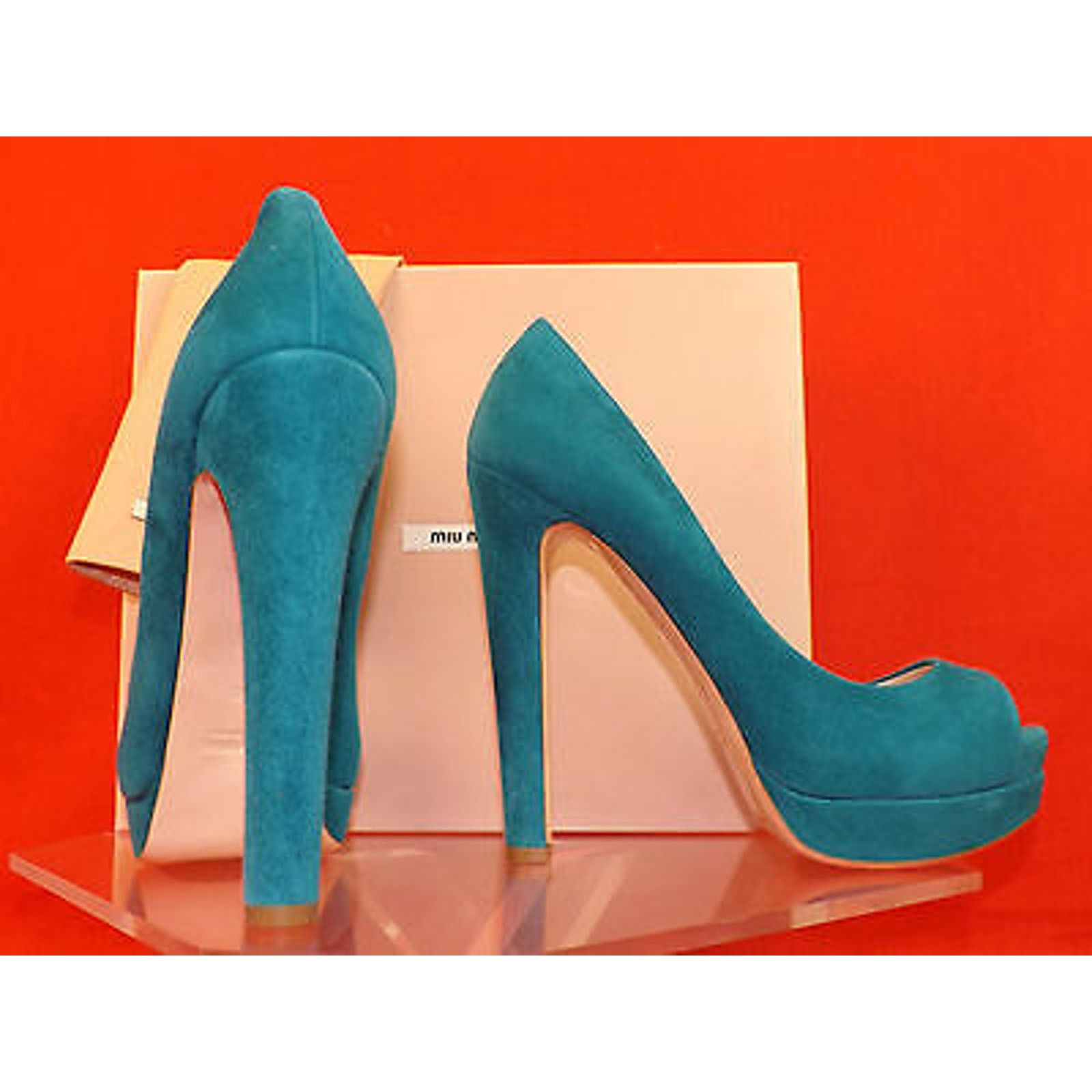 Miu Miu 5KP185 TURQUOISE SUEDE PEEP TOE DOUBLE PLATFORM PUMPS 39.5 9 Size US 9.5 / IT 39.5 - 3 Thumbnail