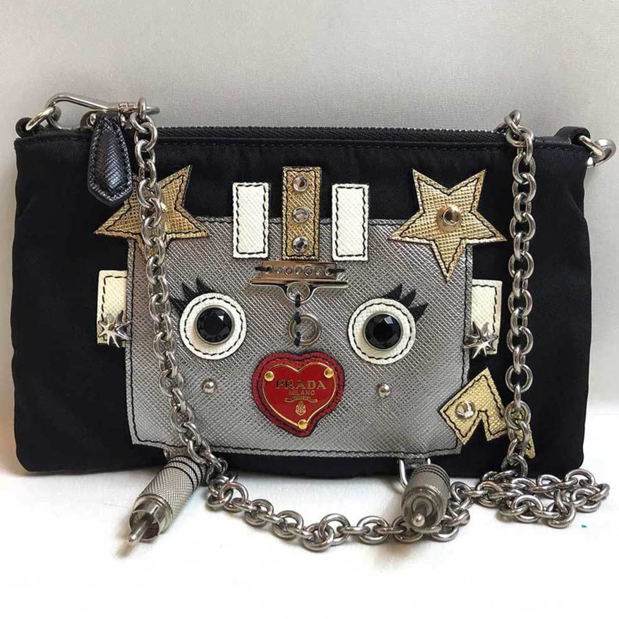 image of Prada Shoulder Bag Chain Pouch Robot Nylon Black 1Mb008 Prada, Women's