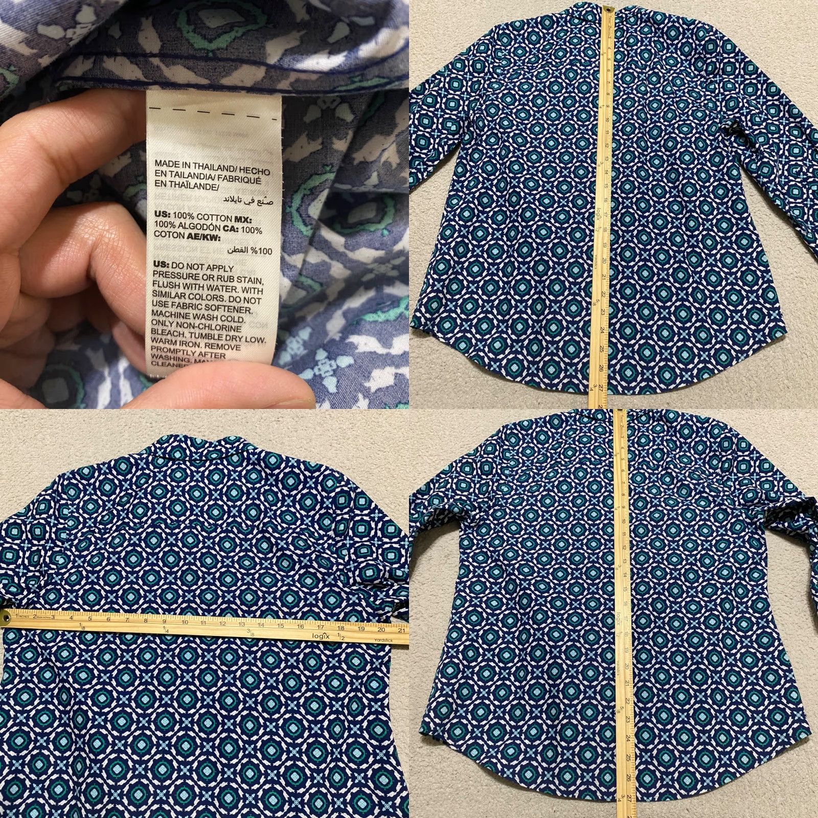 Vintage Chico's Womens Shirt Blue Geometric 3/4 Sleeve Button-Up Cotton Size M / US 6-8 / IT 42-44 - 8 Thumbnail