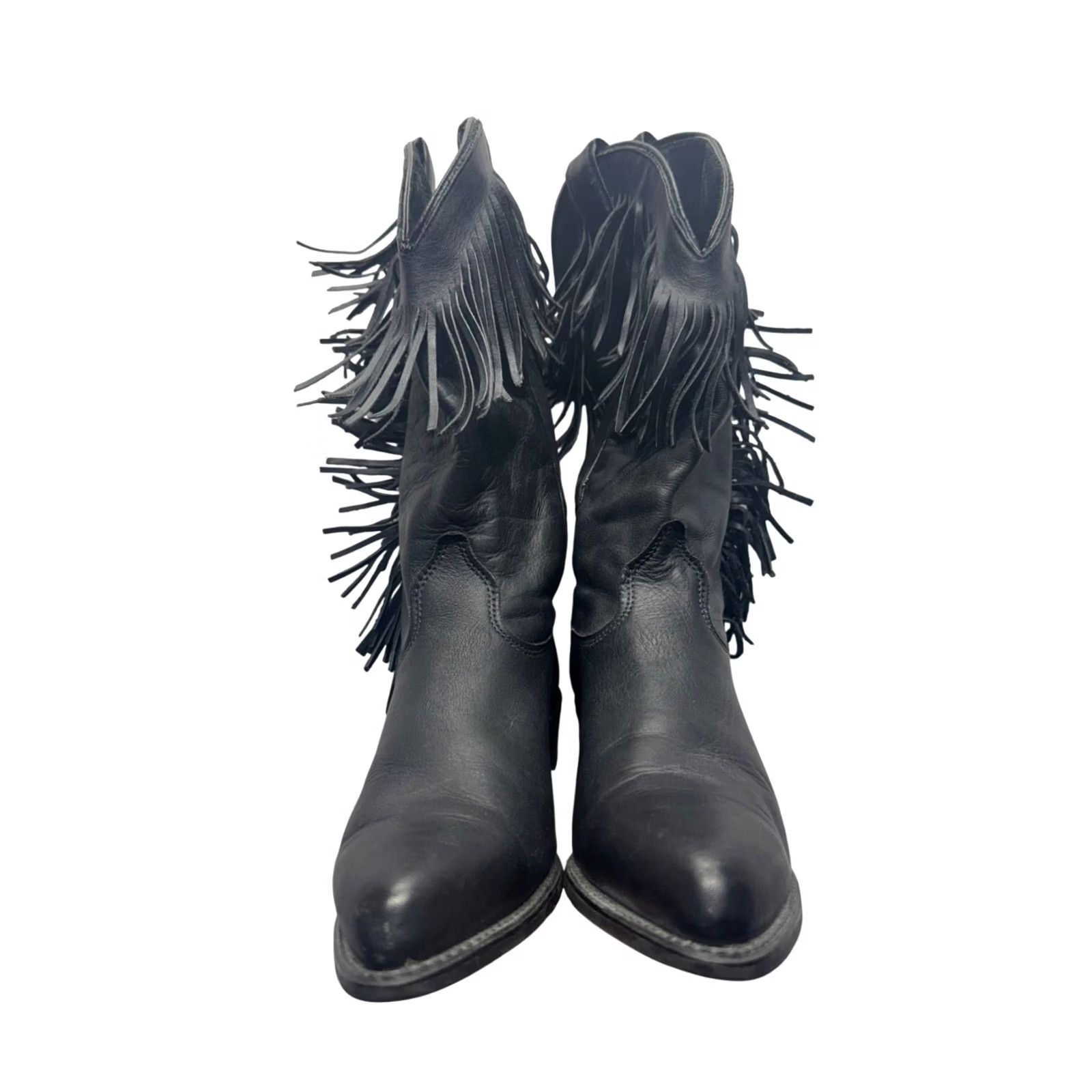 Vintage VINTAGE Black Fringe Leather Western Cowboy Boots Pointed Toe Low Heel Womens 8 Pre-Owned Good Accessories Fringe Western Leather 9812 Size US 8 / IT 38 - 2 Thumbnail