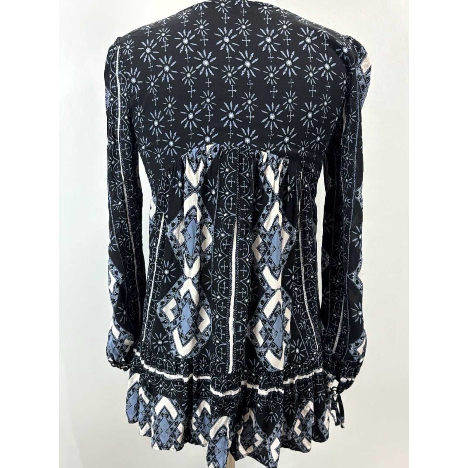 Free People VINTAGE Free People Tunic Top XS Women Boho Geometric Ruffle Balloon Sleeve V-Neck Mini Dress Blue Size XS / US 0-2 / IT 36-38 - 3 Thumbnail