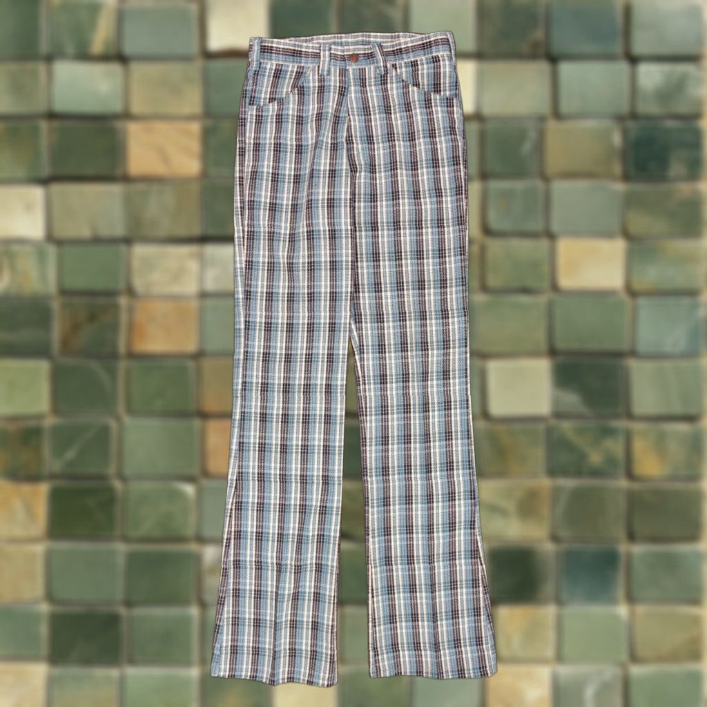 VINTAGE Men's VTG 1960s Blue Plaid Boot Cut Pants Sz 31x35.5 Flared Trousers 60s Jeans Womens?
