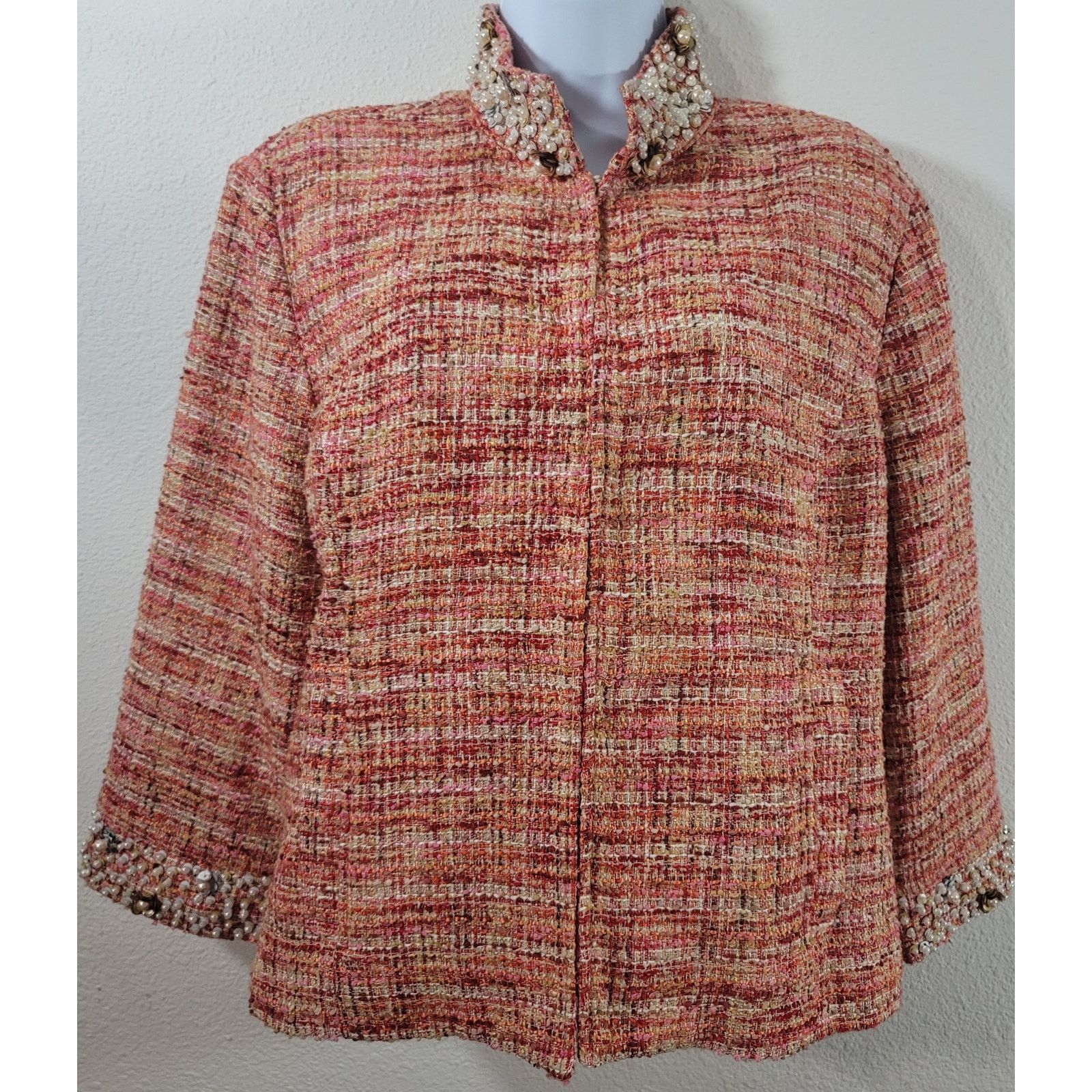 Chicos Chico's Orange Red Embellished Tweed Blazer 2 Large Lined Size L / US 10 / IT 46 - 1 Thumbnail