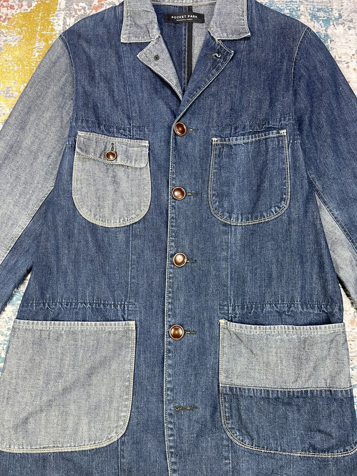 Japanese Brand Patchwork By Pocket Four Denim 2 Tone Osechi Coat Size US M / EU 48-50 / 2 - 3 Thumbnail