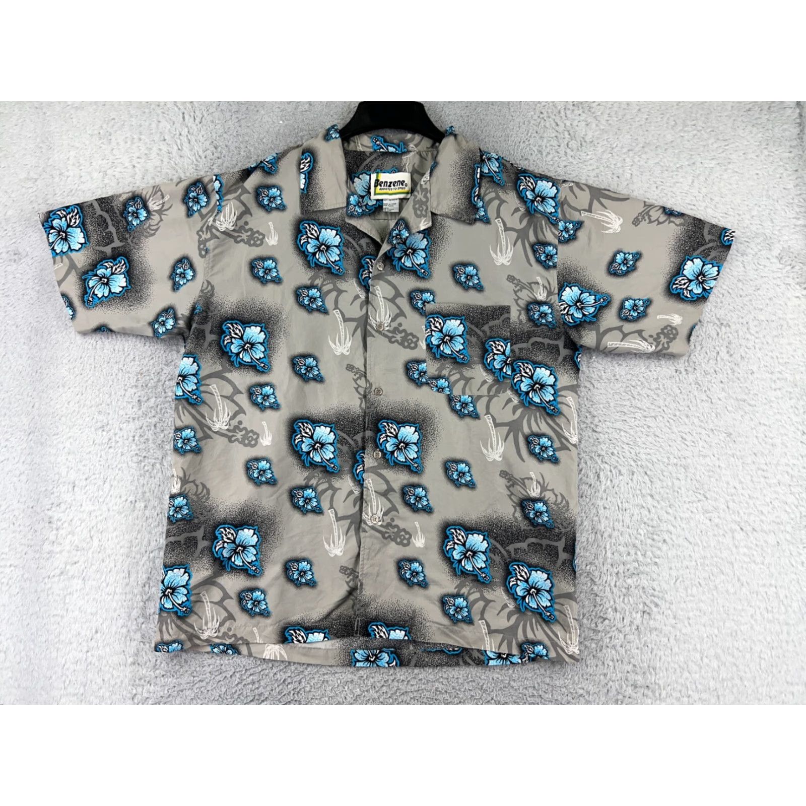 Vintage Benzene Mens Button-Up Shirt Hawaiian Floral Gray Palm Tree Aloha Beach Vacation 40 in Chest - Holiday/All Seasons Size US L / EU 52-54 / 3 - 2 Thumbnail