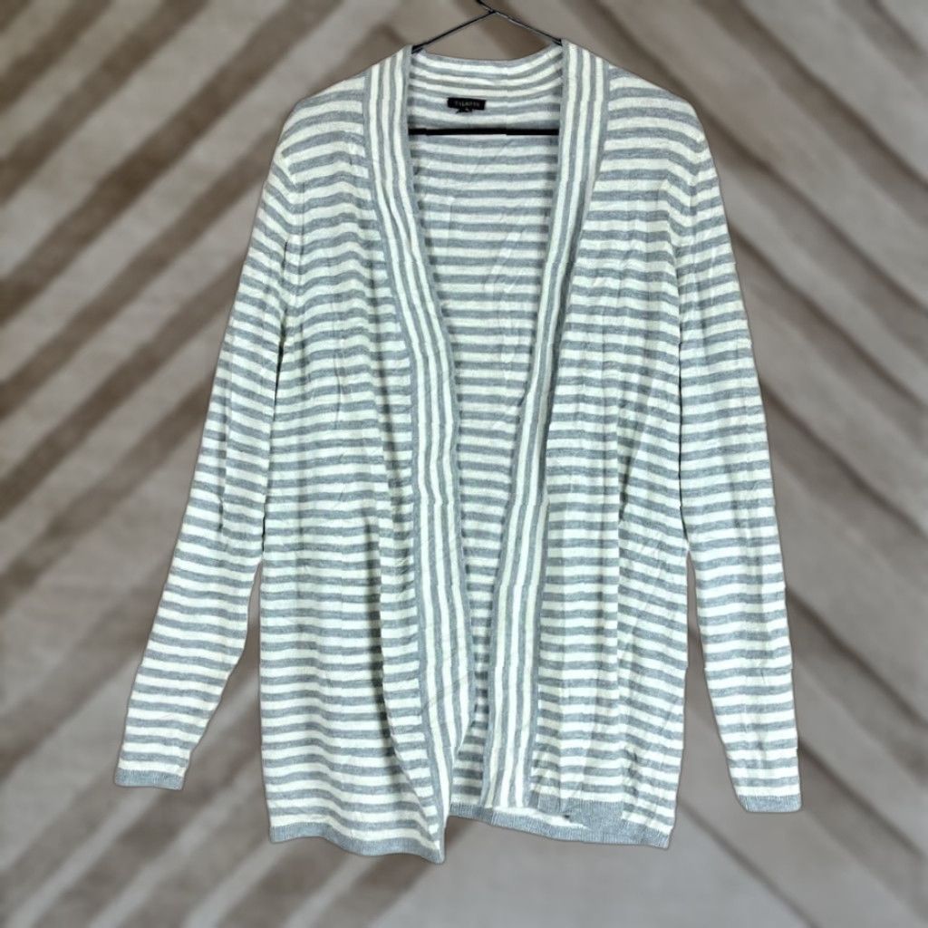 Talbots Talbots Womens Sweater White Gray Striped Open Front Cardigan Lambs Wool Blend L Knit Style Cardigan Women Open Front Knitwear Casual Formal Workwear Size L / US 10 / IT 46 - 1 Thumbnail