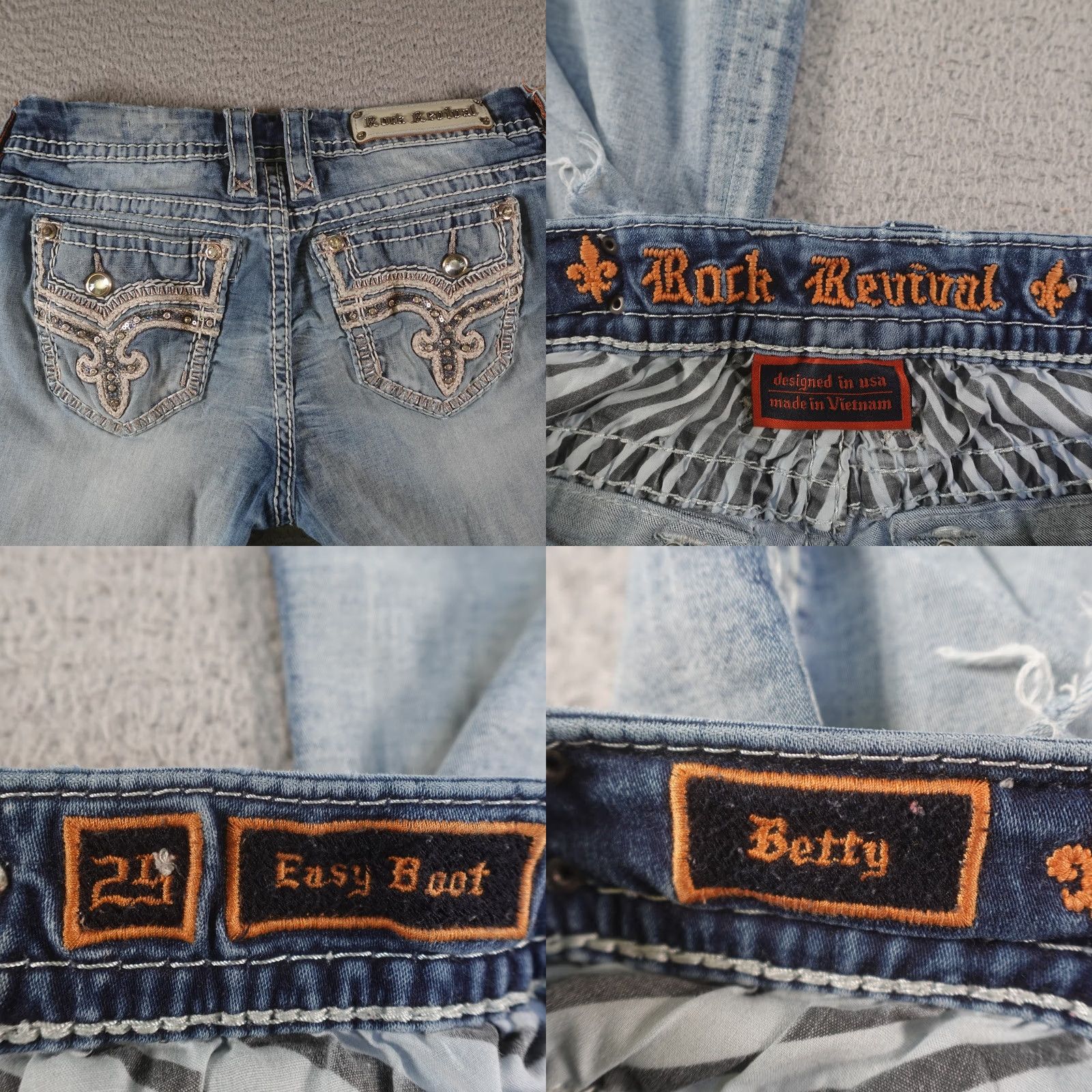 Vintage VINTAGE Rock Revival Jeans Bootscut 29x31 Womens Blue Distressed Rhinestone Embroidered Sequin Studded Denim Size 29" - 8 Thumbnail