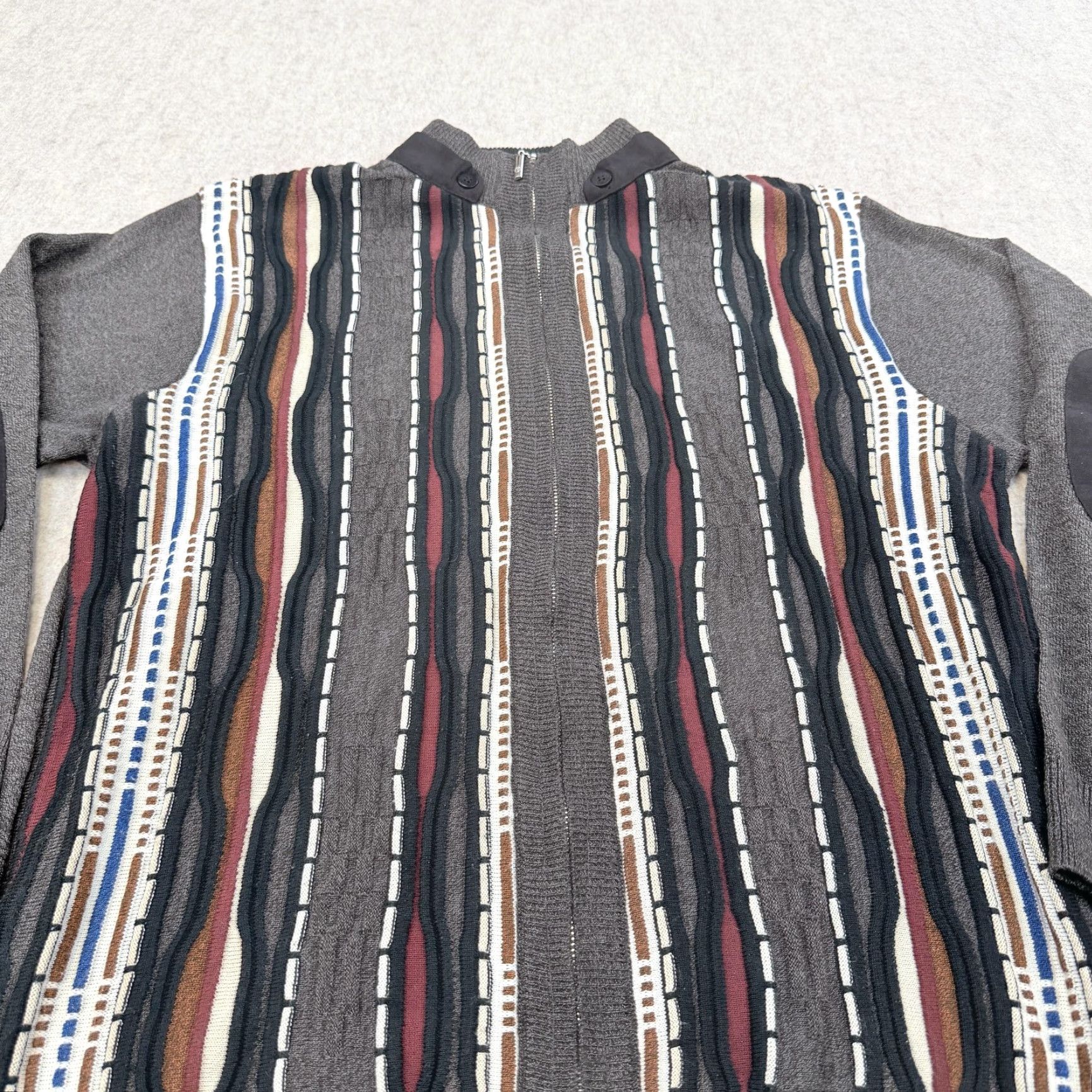 Vintage Montique Sweater Mens Large Gray Full Zip Mock Neck 3D Knit Elbow Patch Striped Knit Size US L / EU 52-54 / 3 - 3 Thumbnail