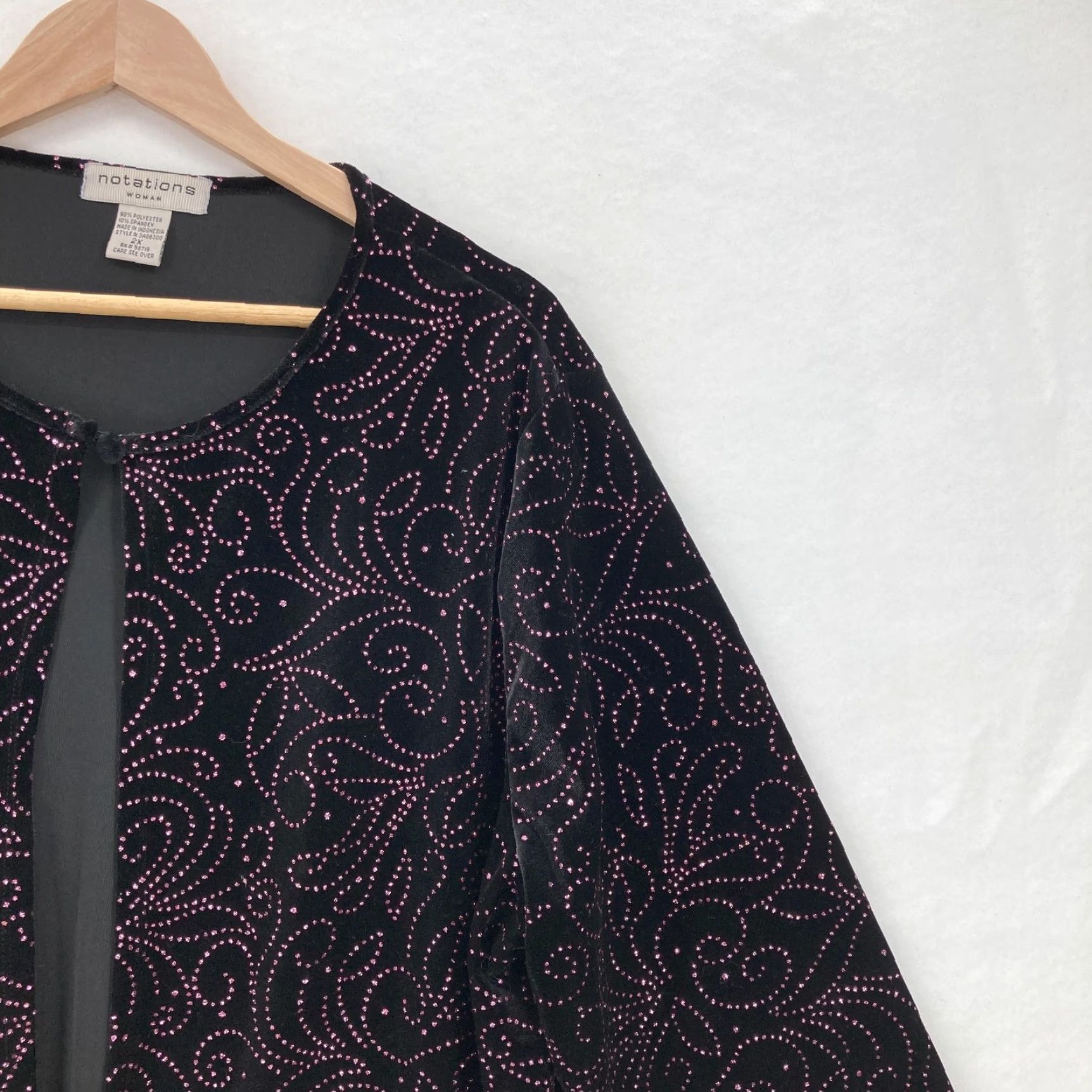 Vintage VINTAGE Notations Jacket Womens 2X Black Velvet Open Front Long Sleeve Sparkle Glitter Rhinestone Geometric Party/Cocktail Formal Women Size XXL / US 16-18 / IT 52-54 - 2 Thumbnail
