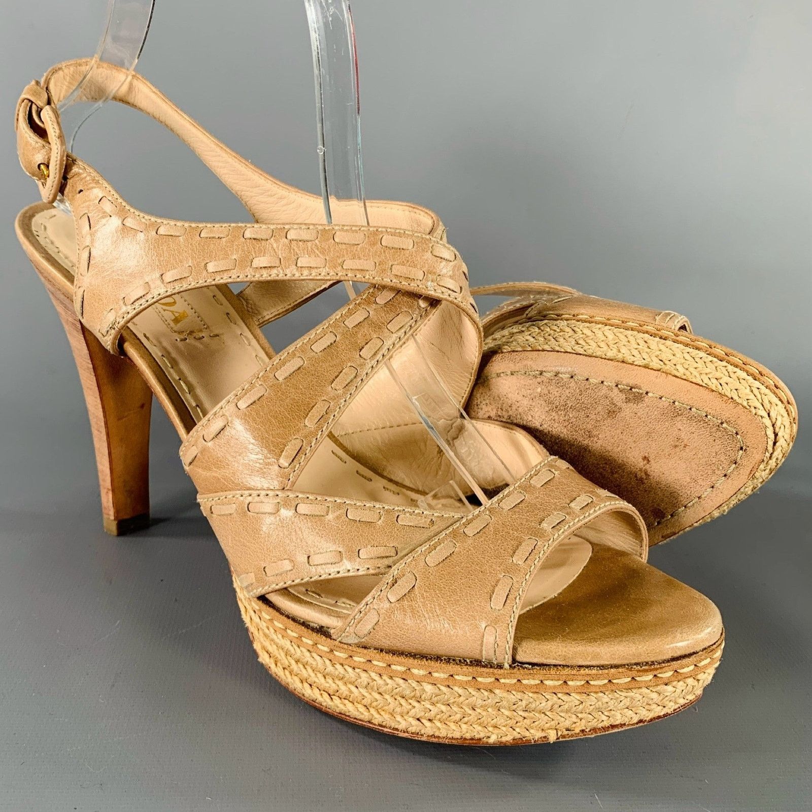 Prada PRADA Size 11 Beige Taupe Leather Woven Espadrille Sandals Size US 11 / IT 41 - 5 Thumbnail