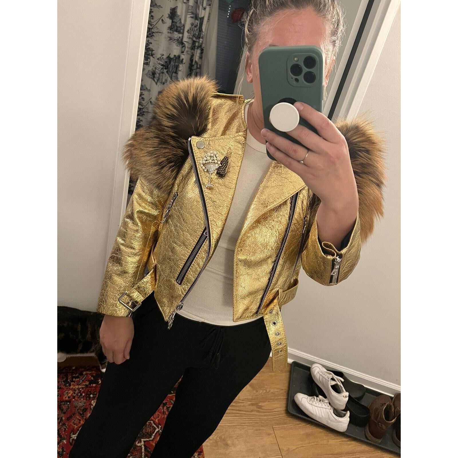 Marc Jacobs Marc Jacobs Fox Fur Leather Jacket Gold Sequin Lips M 6 Size M / US 6-8 / IT 42-44 - 2 Thumbnail