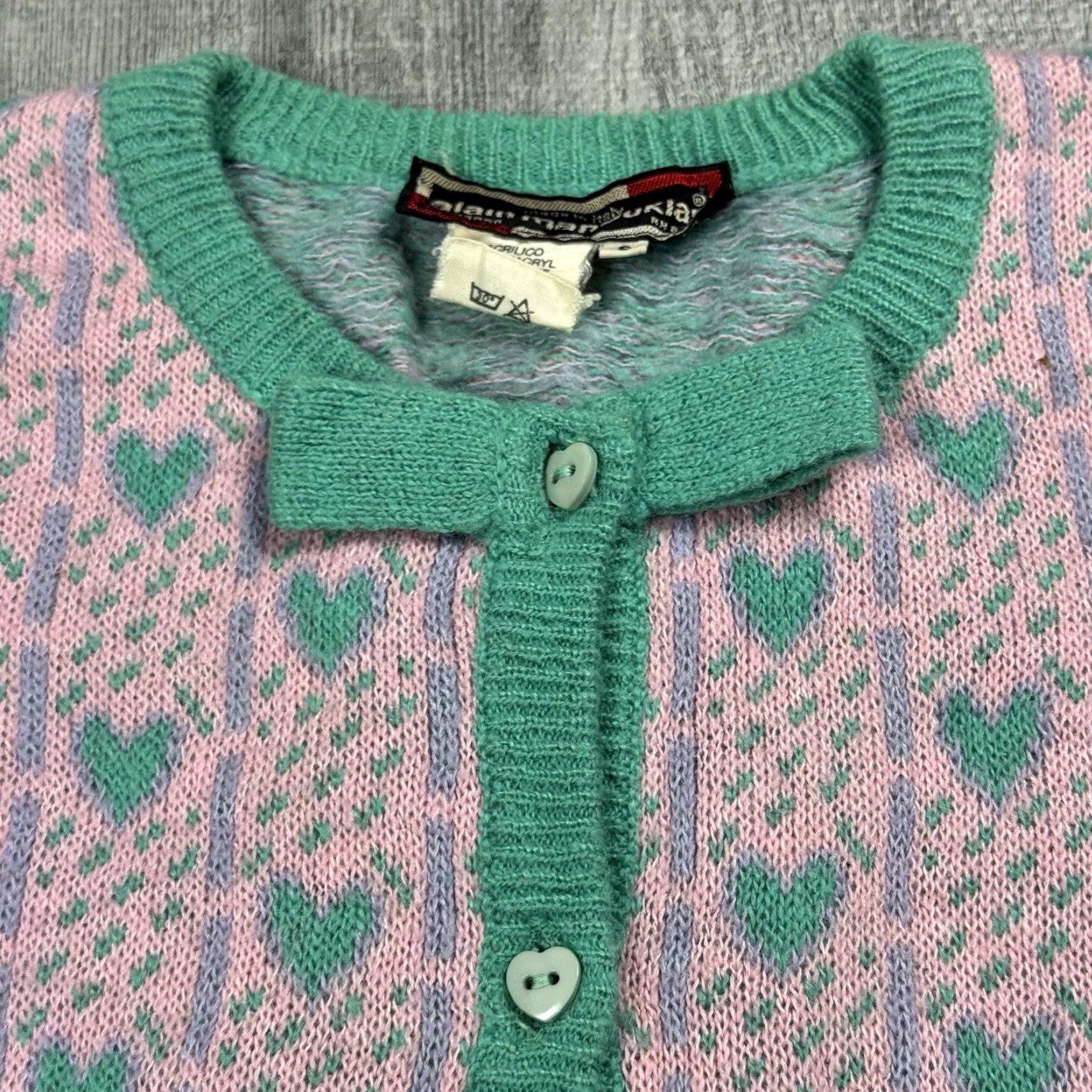 Vintage VINTAGE 1980s Alain Manoukian Pink Mint Green Heart Pattern Cardigan Sweater Women’s Large Oversized Italy Size L / US 10 / IT 46 - 2 Thumbnail