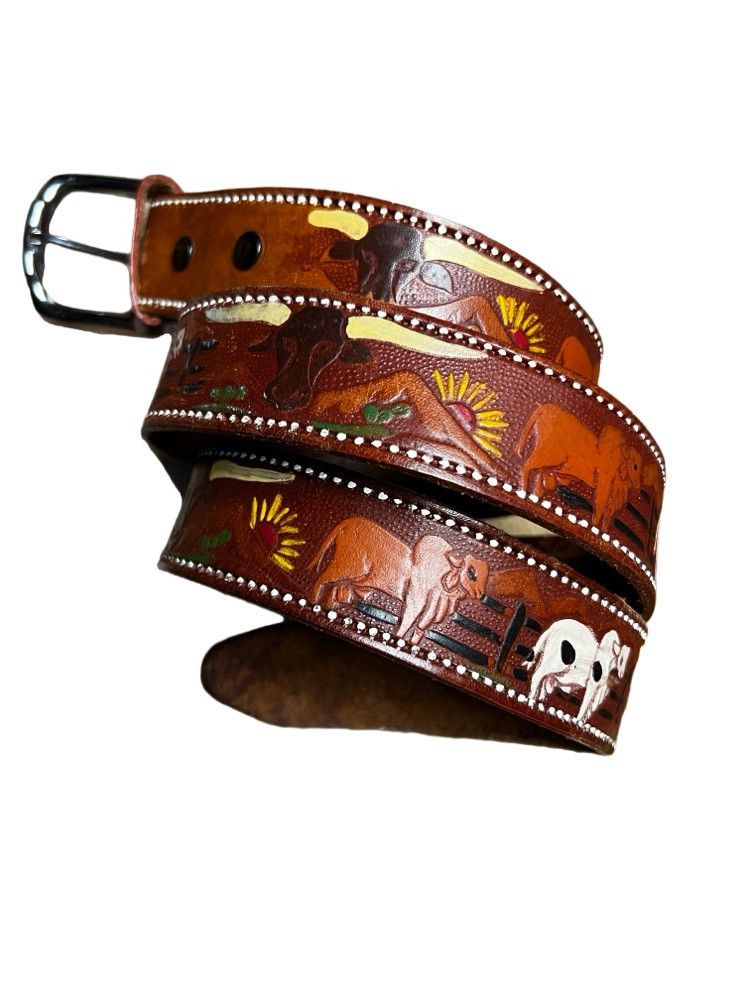 Leather Vintage 70's-80's Country Western Embossed Leather Belt Size 42 - 1 Thumbnail