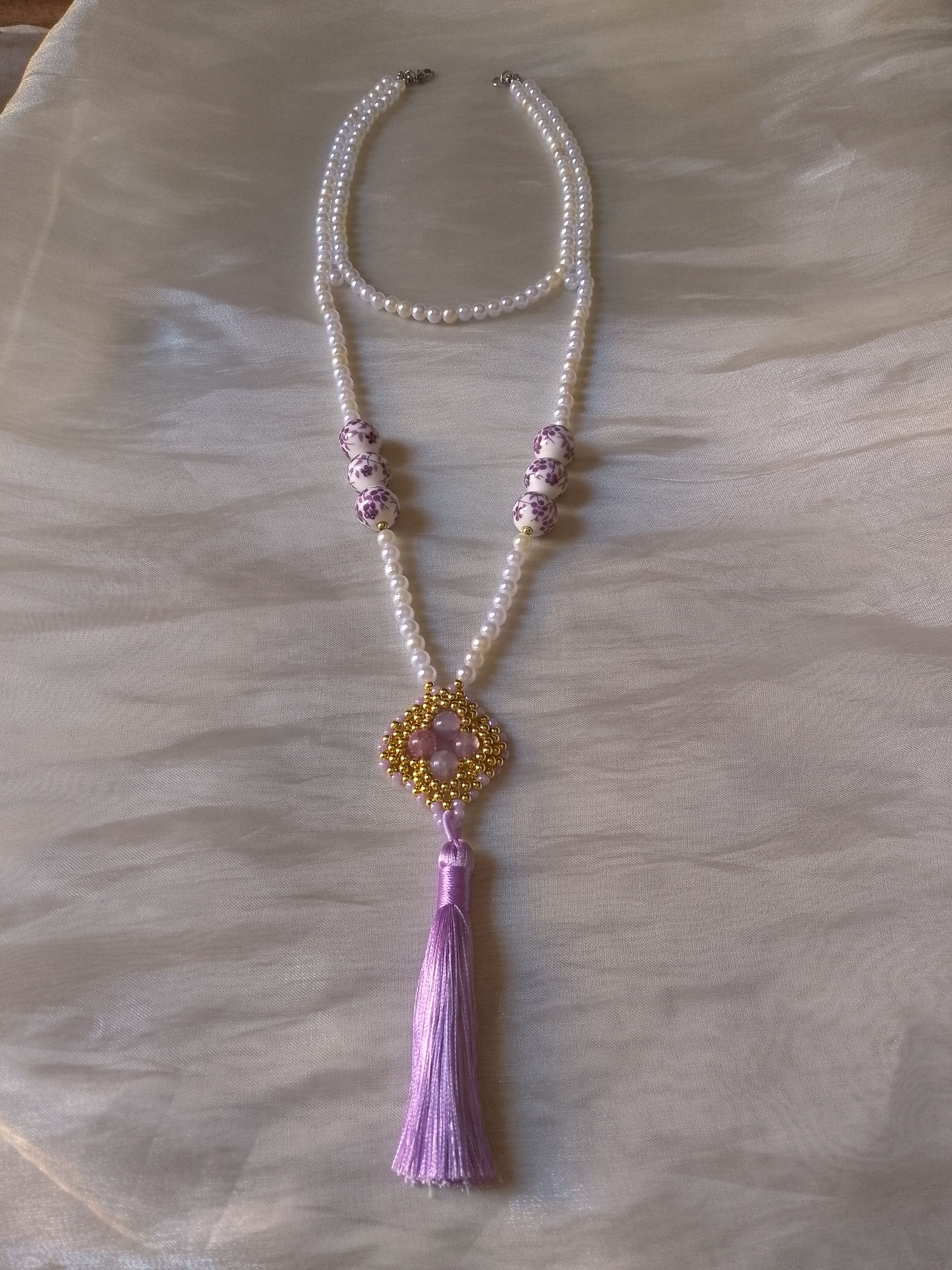 Handmade Long Necklace Porcelain and lepidolite natural gemstones Size ONE SIZE - 1 Thumbnail